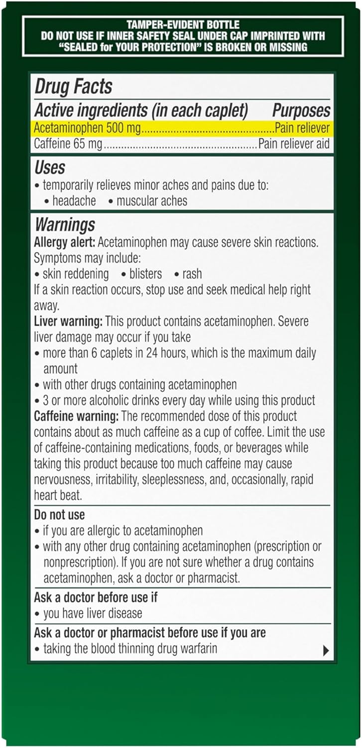 Excedrin Tension Headache Relief Caplets, Acetaminophen 500mg, Caffeine 65mg, Pain Reliever, Aspirin-Free, 100 Count