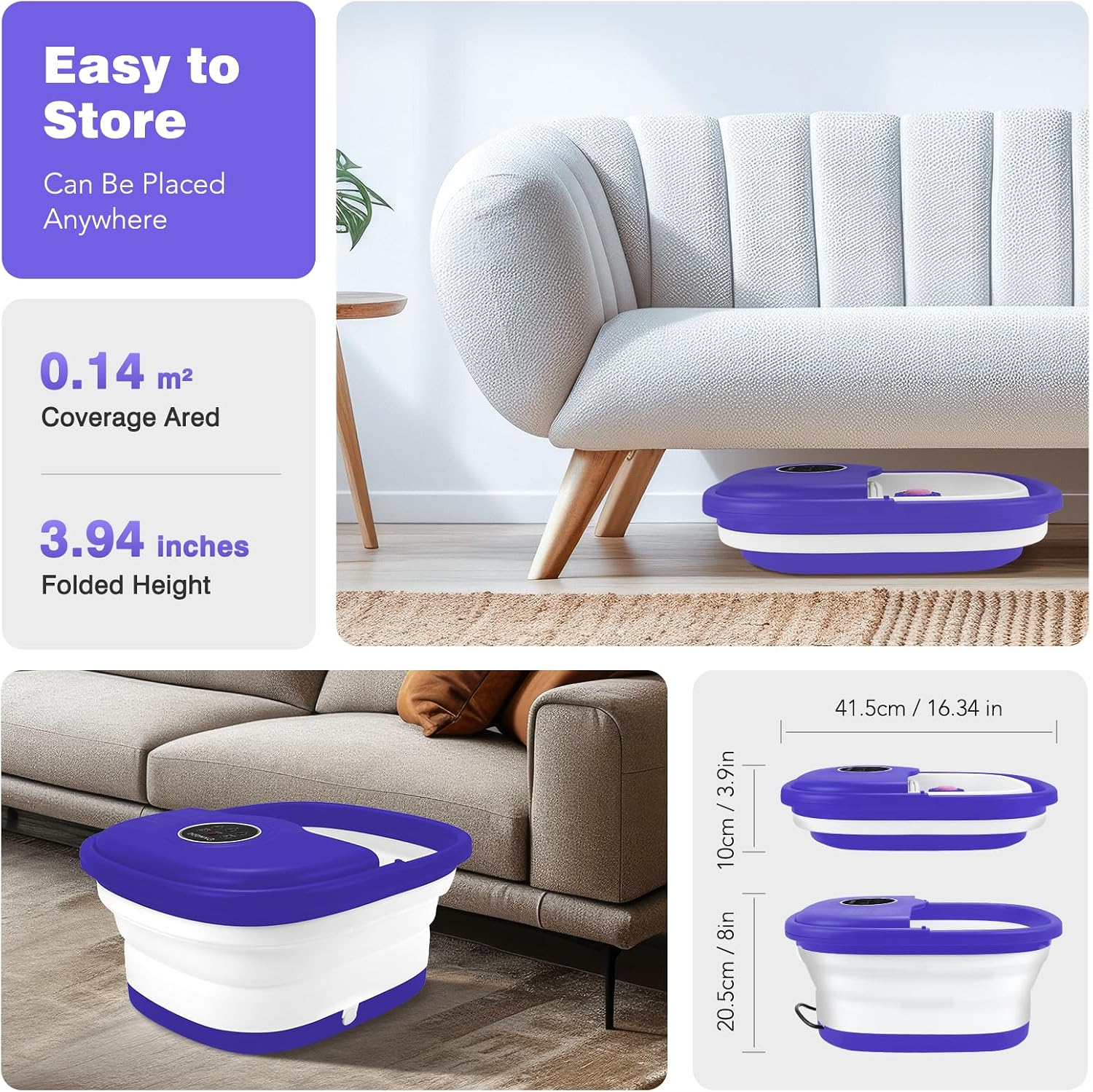 KNQZE Collapsible Foot Spa with Heat, Remote Control, Temperature Control, Bubbles, Pumice Stone, Red Light, Timer, 16 Massage Roller Pedicure Foot Bath Tub Foot Soaker for Feet Stress Relief, Purple