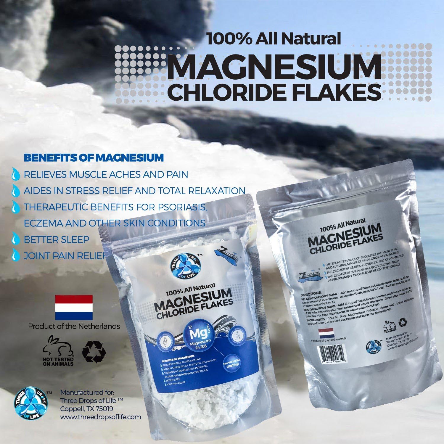 All Natural Magnesium Chloride Flakes, Bathing Alternative to Epsom Salt, Rapid Absorption Efficiency for Wellness and Relaxation, Numerous Foot Soak Health Benefits - 2lb Bulk Bag (2 Pack)