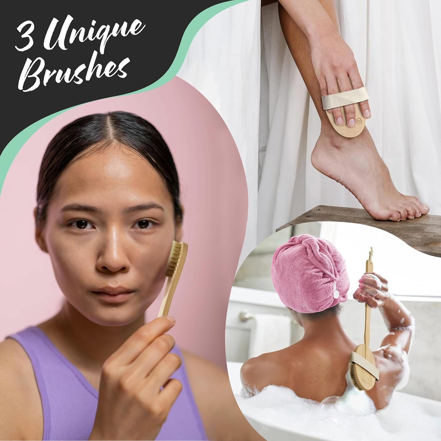 Nevlers Natural Boar Bristle Dry Brushing Body Brush 4-Piece Set | Brush Kit for Exfoliating, Lymphatic Drainage & Circulation | Body Brush, Face Brush, Long-Handled Back Brush + Storage Bag