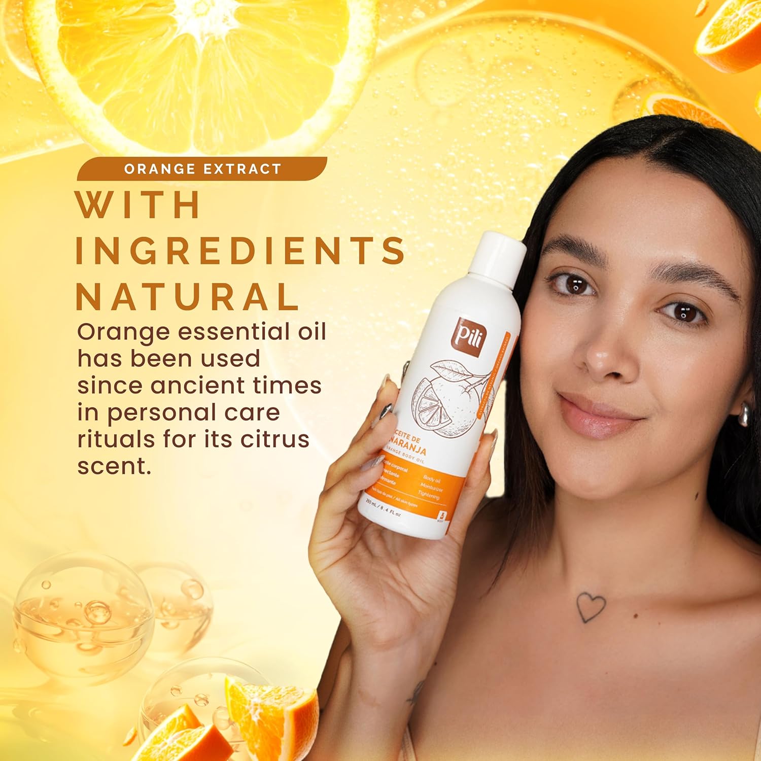 Pili Natural Orange Oil - Skin Tonic and Moisturizing Body Oil - Massage Oil - Prevents Cellulite, Stretch Marks, Firms & Tightens Skin - 8.4 fl oz