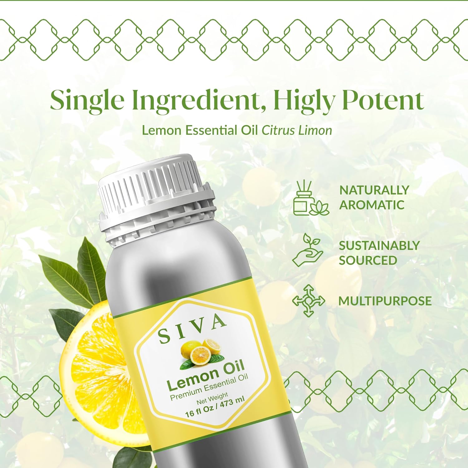 Siva Lemon Essential Oil - 16 Fl Oz – 100% Natural Lemon Oil - for Diffuser, Face, Skin Care, Aromatherapy, Hair Care, Scalp and Body Massage