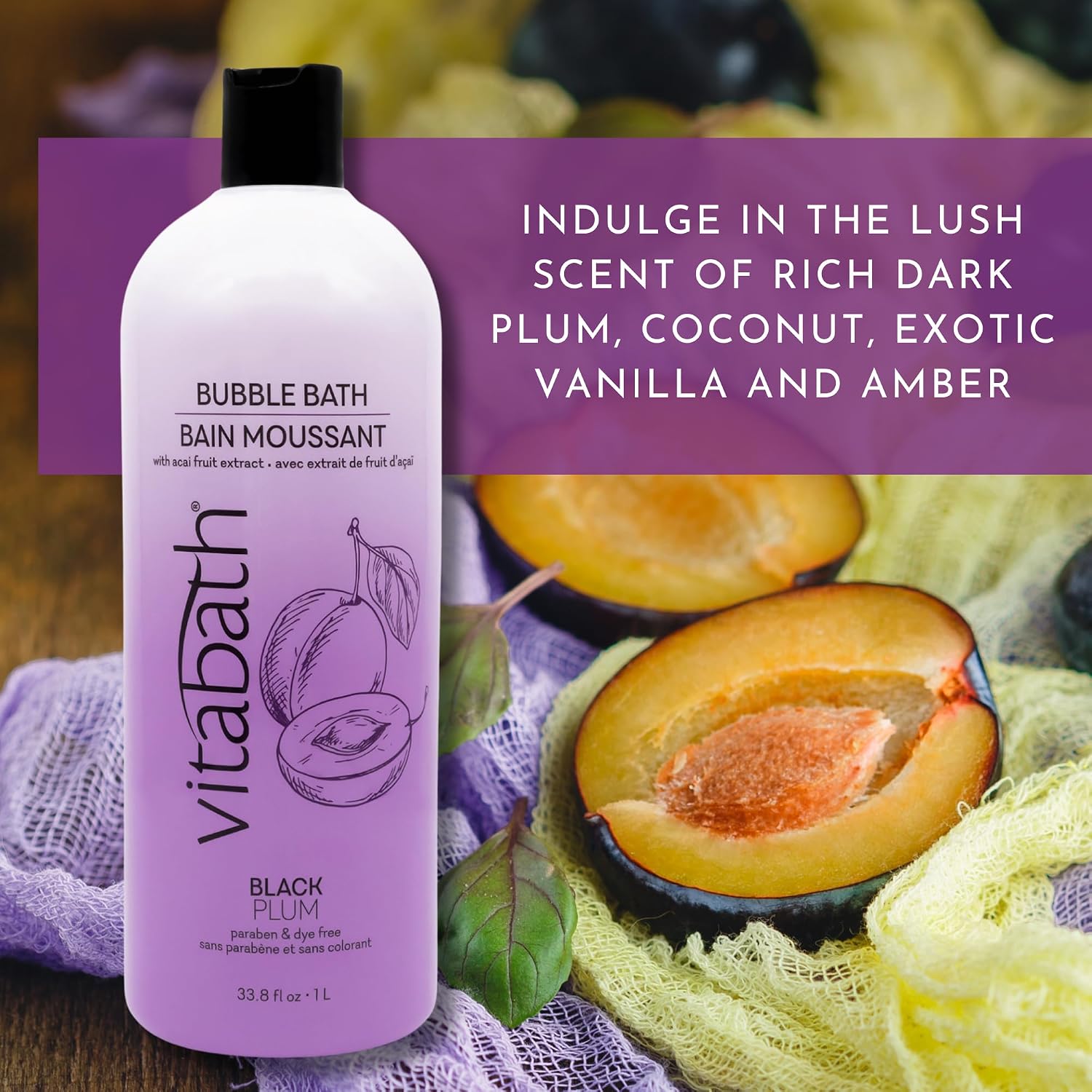 Vitabath Black Plum Bubble Bath Rich Foaming Soak - Moisturizing & Nourishing Indulgent Suds for Women & Men All Skin Types - 33.8 fl oz 1L
