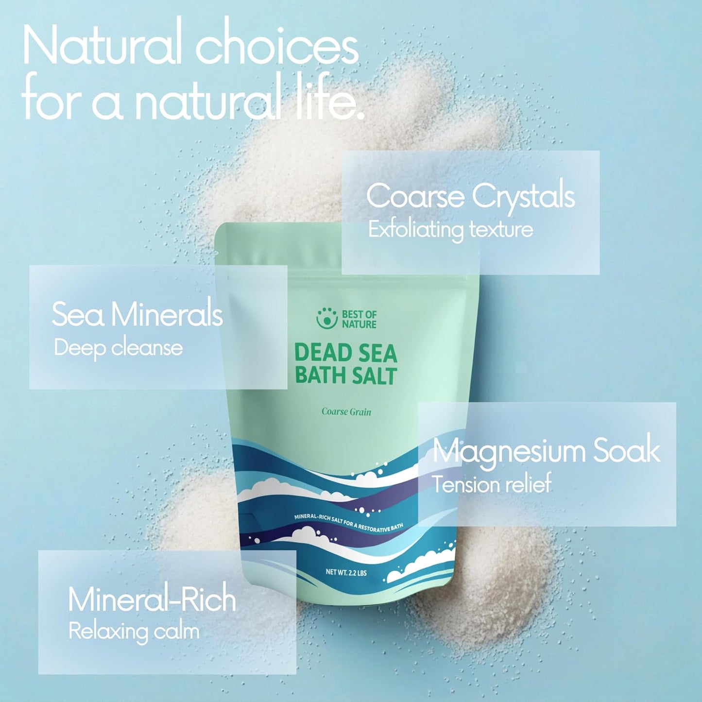 Best of Nature Dead Sea Salt 2.2 lb Coarse Grain Bath Soak Salt, Mineral-Rich Crystals, Resealable Bag, Made in the USA