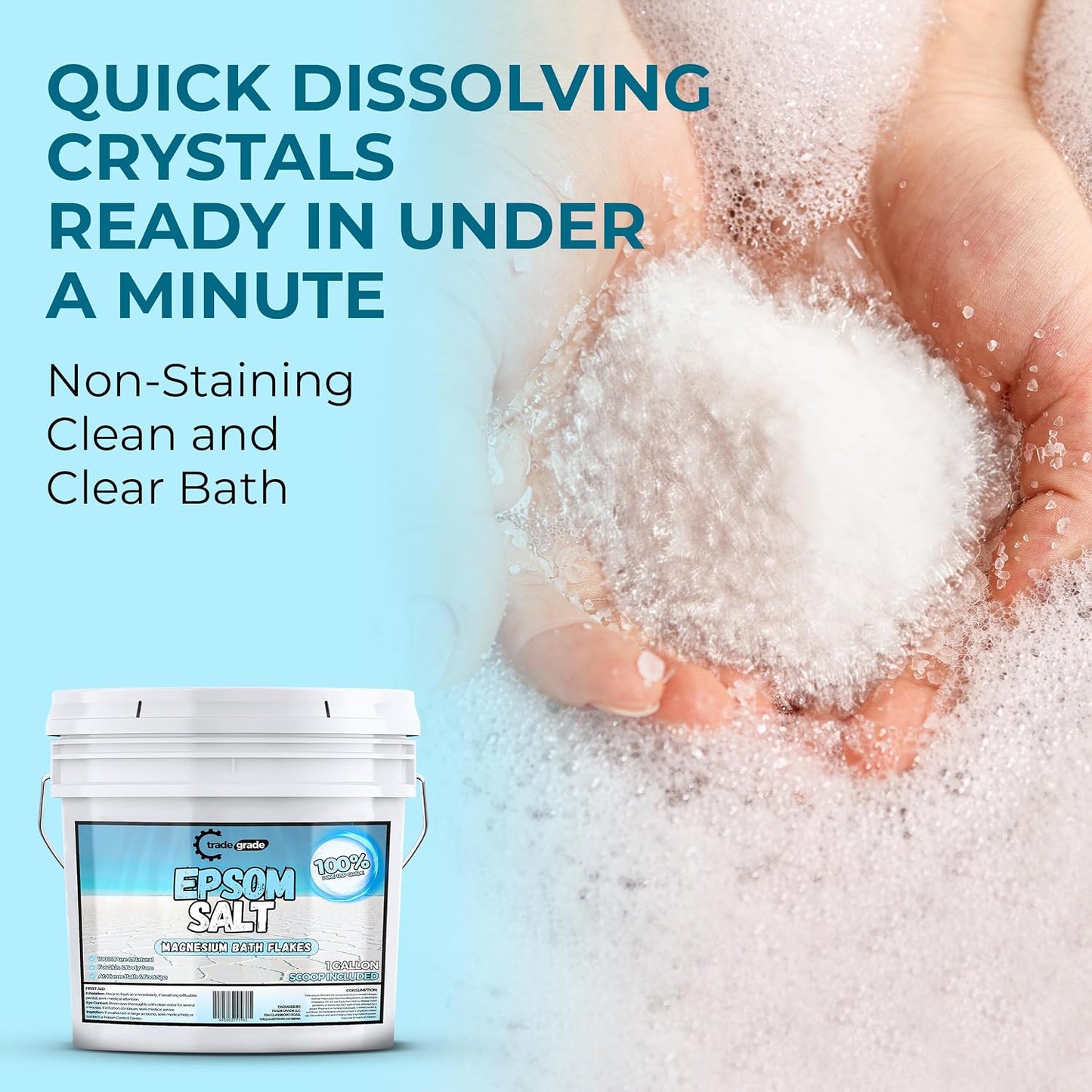 TradeGrade Epsom Salt Bath Soak 1 Gallon Bucket – Unscented, Pure Epsom Salt Bulk Crystals, Magnesium Sulfate for Full Body or Foot Soaks, Resealable Container for Home Bath Use