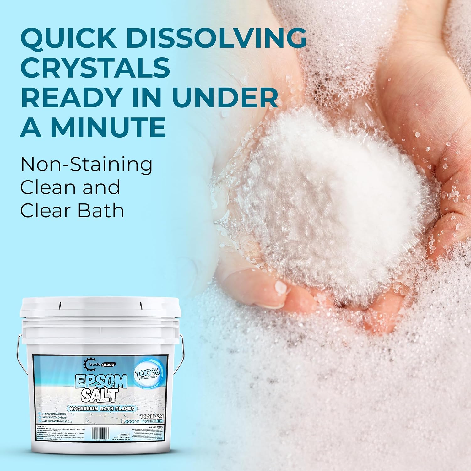 TradeGrade Epsom Salt Bath Soak 1 Gallon Bucket – Unscented, Pure Epsom Salt Bulk Crystals, Magnesium Sulfate for Full Body or Foot Soaks, Resealable Container for Home Bath Use