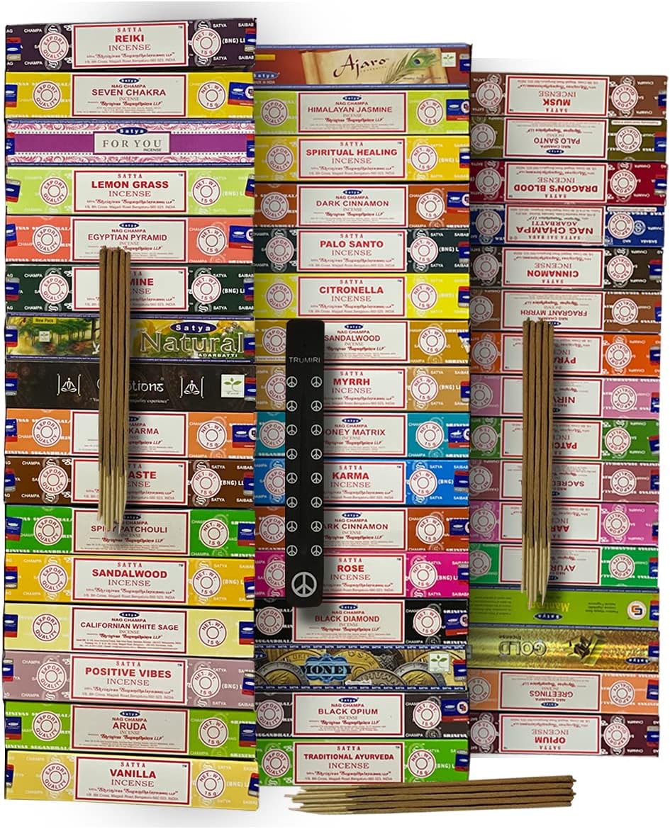Satya Incense Sticks Variety Pack of 12 Randomly Selected Fragrances and Incense Stick Holder Bundle Total 180 Sticks