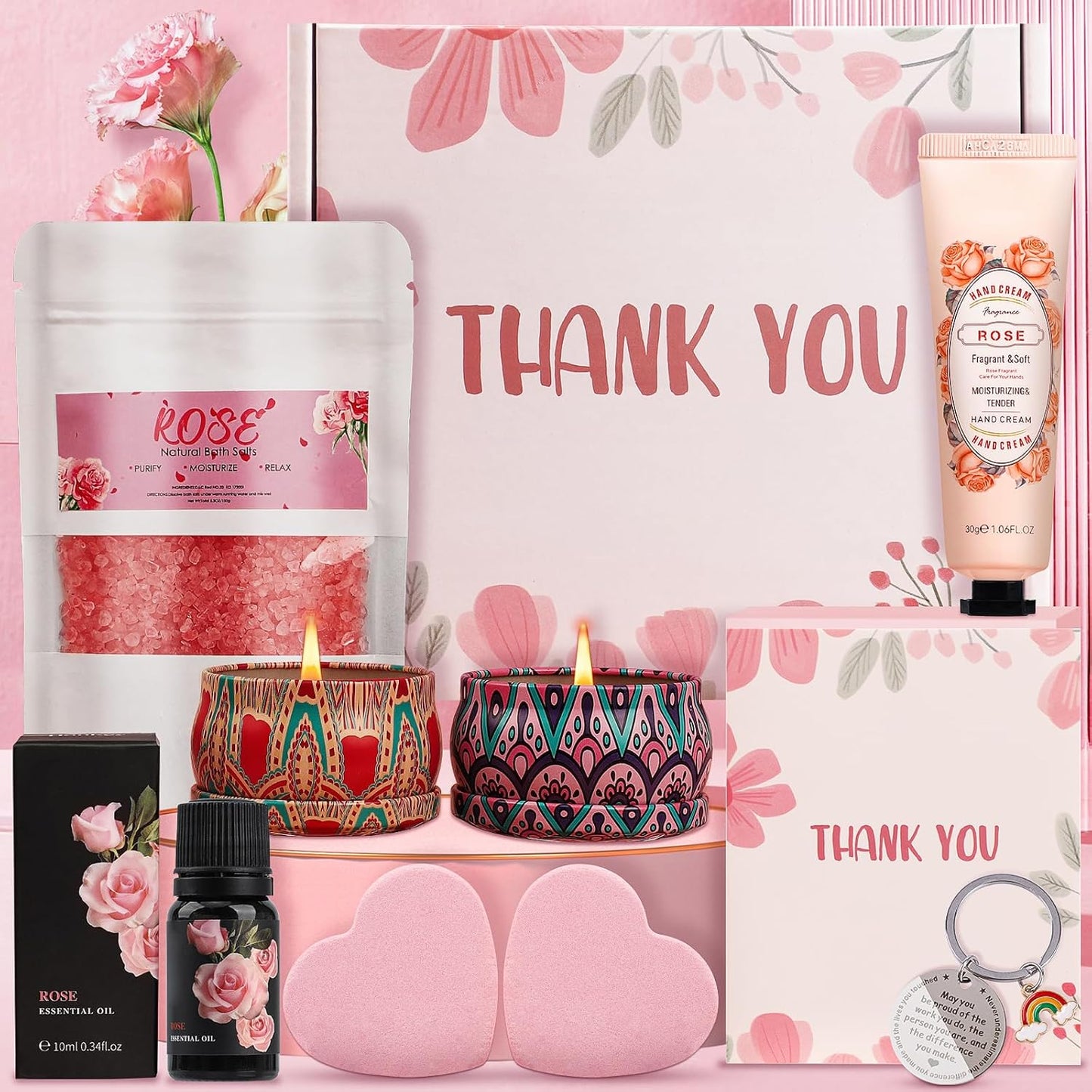9-Piece Rose Bath & Spa Pamper Set, Relaxation Gift Box for Women, Unique Thank You, Appreciation & Birthday Gifts for Mom, Friend, Sister, Teacher(Pink-Thank You)