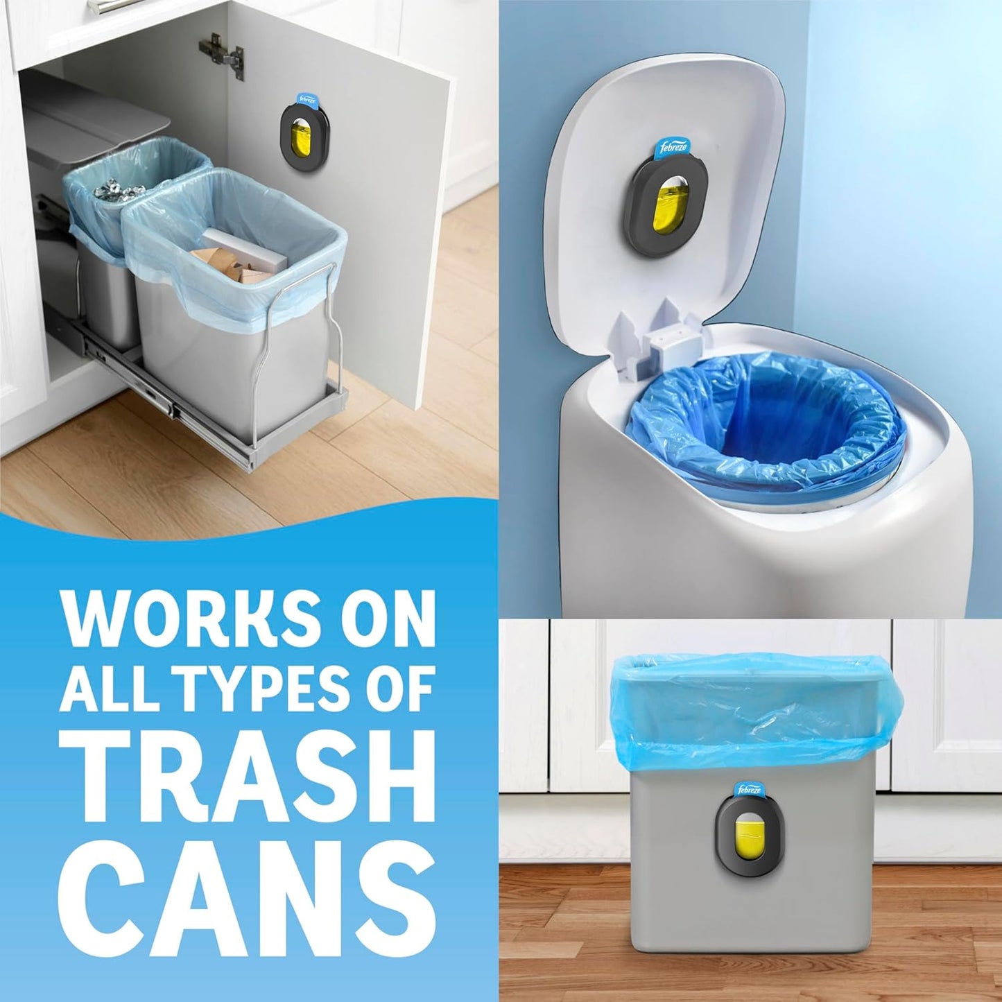Febreze Trash Odor Fighter, Trash Can Air Freshener, Stick-On Deodorizer for Garbage Cans, Diaper Pails, Works with Scented Trash Bags, Fresh Lemon and Linen & Sky Scents, 2 Holders + 2 Refills