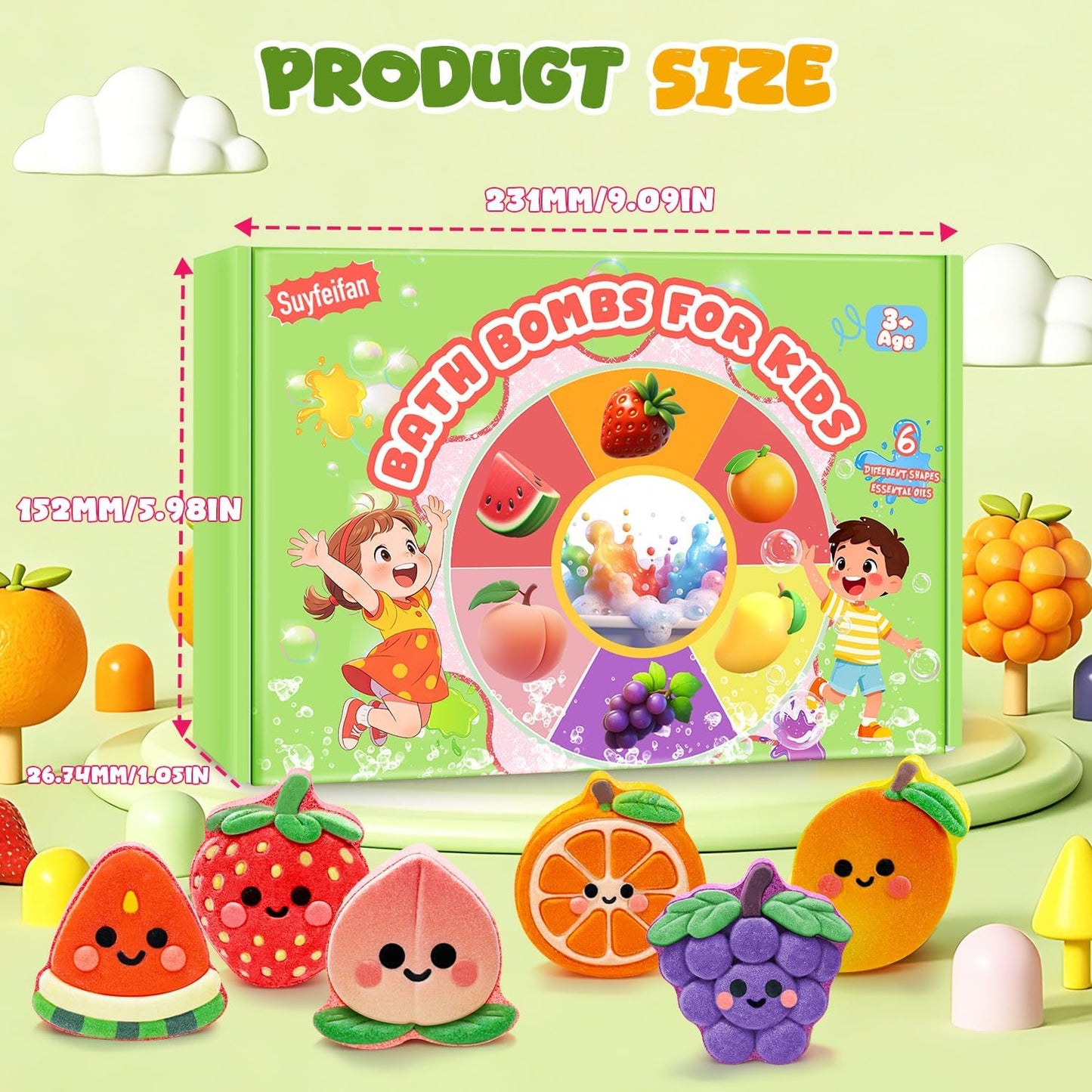 Bath Bombs for Kids Fruit Themed, STEM 6 Pack Natural Organic Handmade Kids Bath Bomb, Gentle Skin-Friendly Bath Toys for Boys Girls, Children Daily Reward & Birthday Gift
