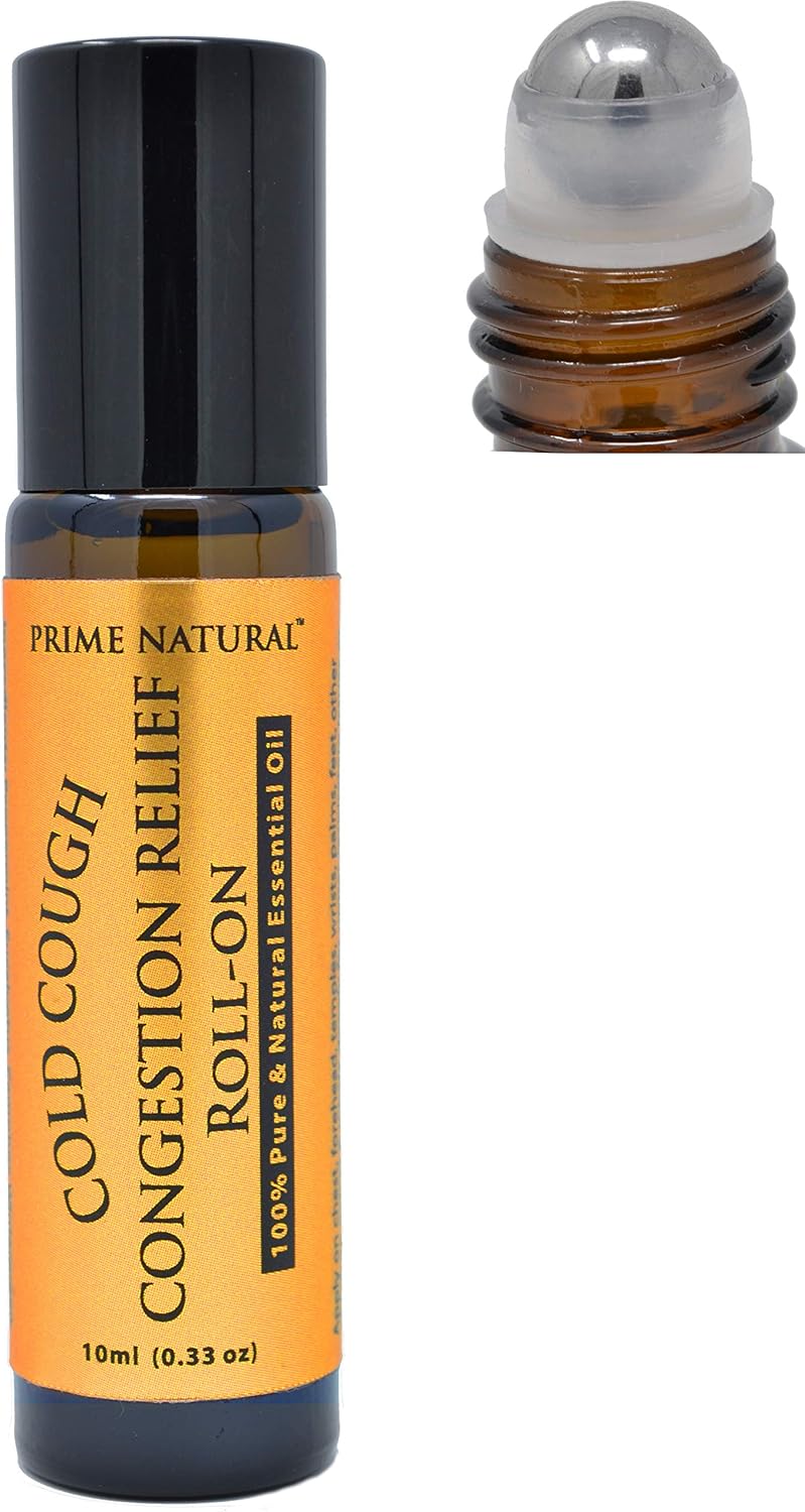 Prime Natural Cold Cough Congestion Relief Essential Oil Roll on (10ml), Pre-Diluted Ready to Use Roller for Sinus, Sore Muscle, Headache & Sleep