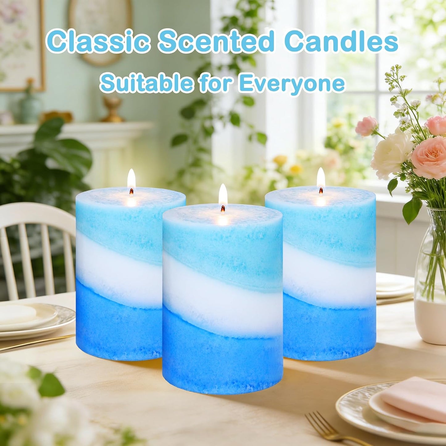 Ocean Scented Pillar Candles, 3x4 Inch, Handmade Striped Paraffin Wax Candles with 100% Cotton Core, 1PC Scented Candle 50+ Hour Burn Time, Set of 3