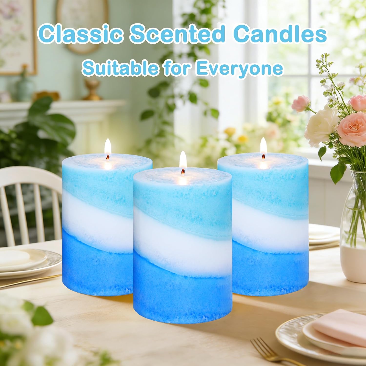 Ocean Scented Pillar Candles, 3x4 Inch, Handmade Striped Paraffin Wax Candles with 100% Cotton Core, 1PC Scented Candle 50+ Hour Burn Time, Set of 3