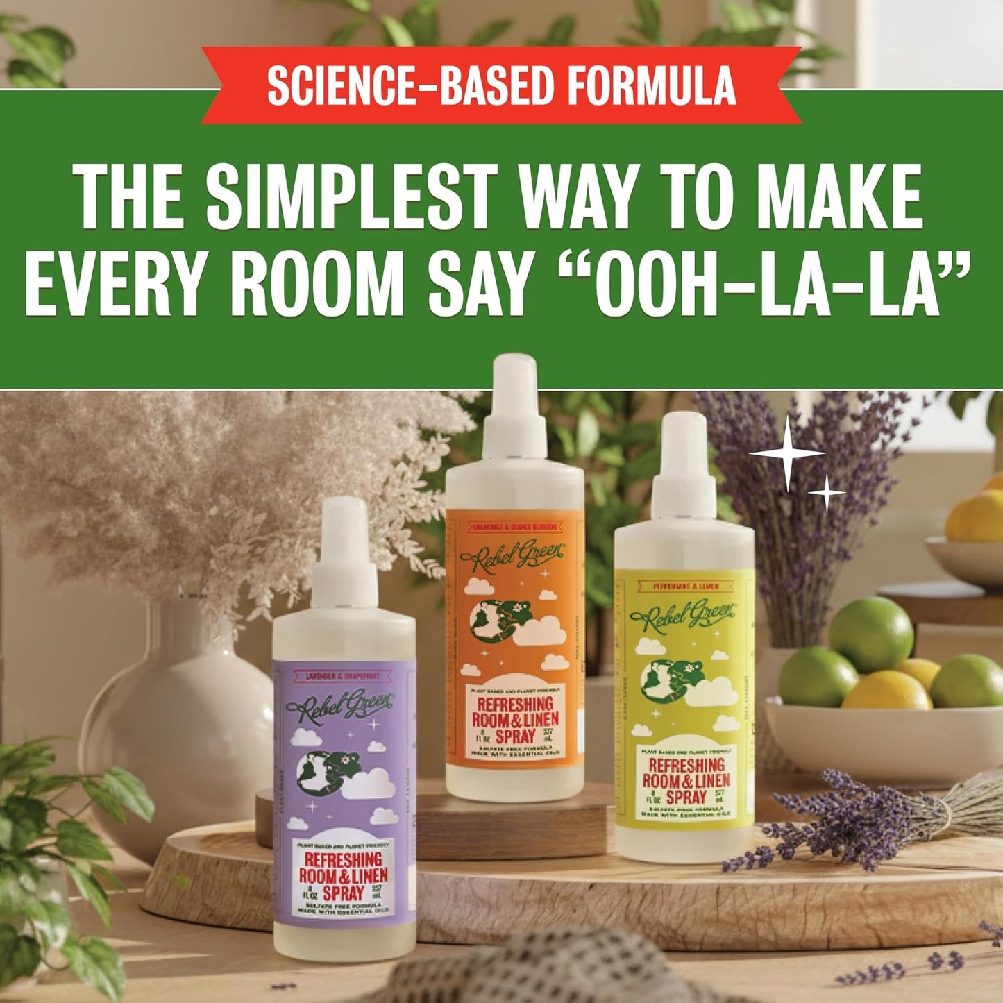 Rebel Green Refreshing Room & Linen Spray Variety Pack of 3 - Plant-Based Essential Oil Air Freshener - Lavender Grapefruit, Peppermint Lemon, Chamomile Orange Blossom - 8 oz