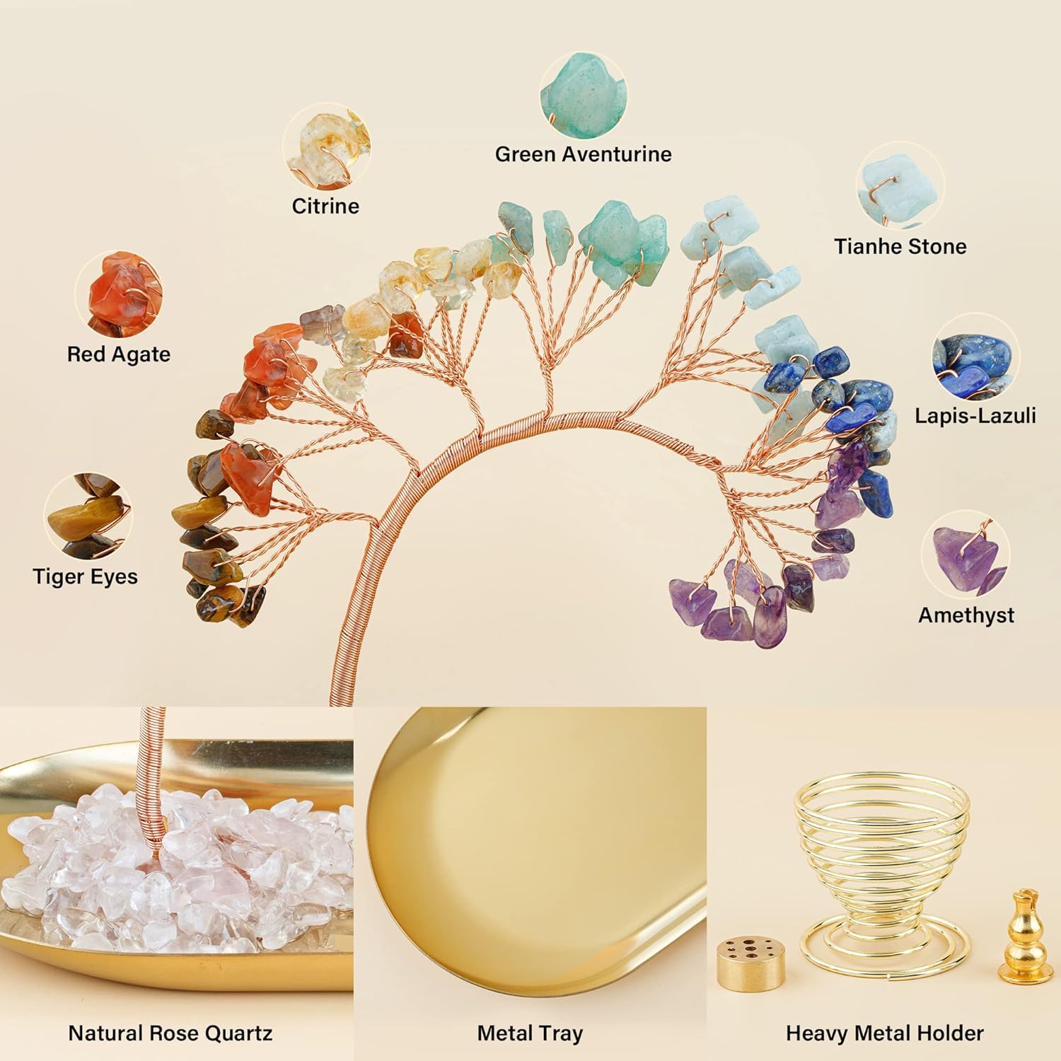 ZenBless 7 Chakra Healing Crystal Tree Incense Holder Palo Santo Sage Burner Brass Ash Catcher for Incense Sticks Coil Cones Yoga Meditation Zen Spiritual Room Home Decoration (Oval)