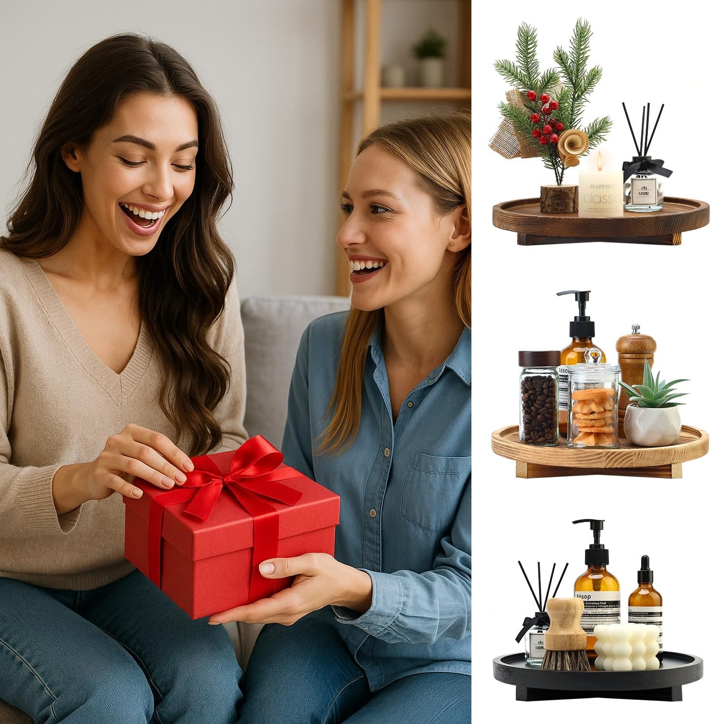 Black Decorative Wooden Tray for Kitchen Counter Bathroom Accessories Sink Vanity Trays Wood Riser Candle Pedestal Stand for Perfume Soap Trays Round Dining Coffee Table Small Rustic Home Decor Tray