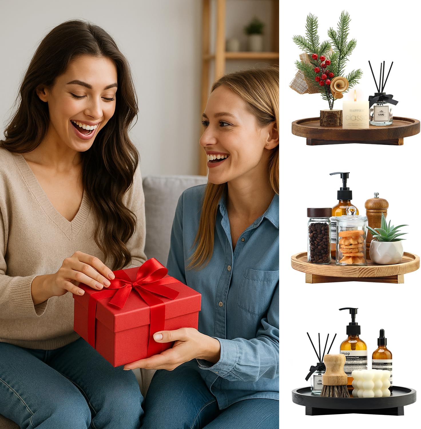 Black Decorative Wooden Tray for Kitchen Counter Bathroom Accessories Sink Vanity Trays Wood Riser Candle Pedestal Stand for Perfume Soap Trays Round Dining Coffee Table Small Rustic Home Decor Tray