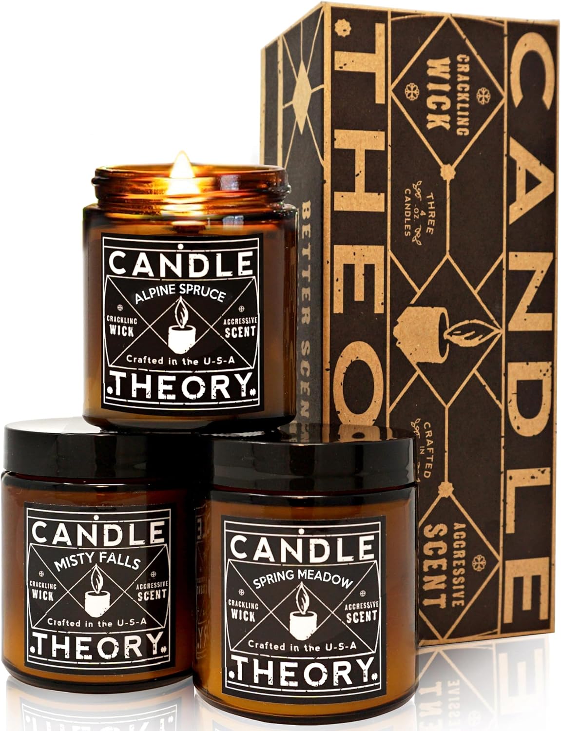 Scented Candle Gift Set with Crackling Wood Wicks 3, 4oz Candles, Misty Falls, Alpine Spruce, Spring Meadow - Designed for Both Men Women, Man Cave Decor Wood Wicks Candle Candles for Home