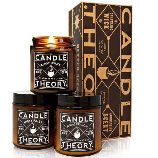 Scented Candle Gift Set with Crackling Wood Wicks 3, 4oz Candles, Misty Falls, Alpine Spruce, Spring Meadow - Designed for