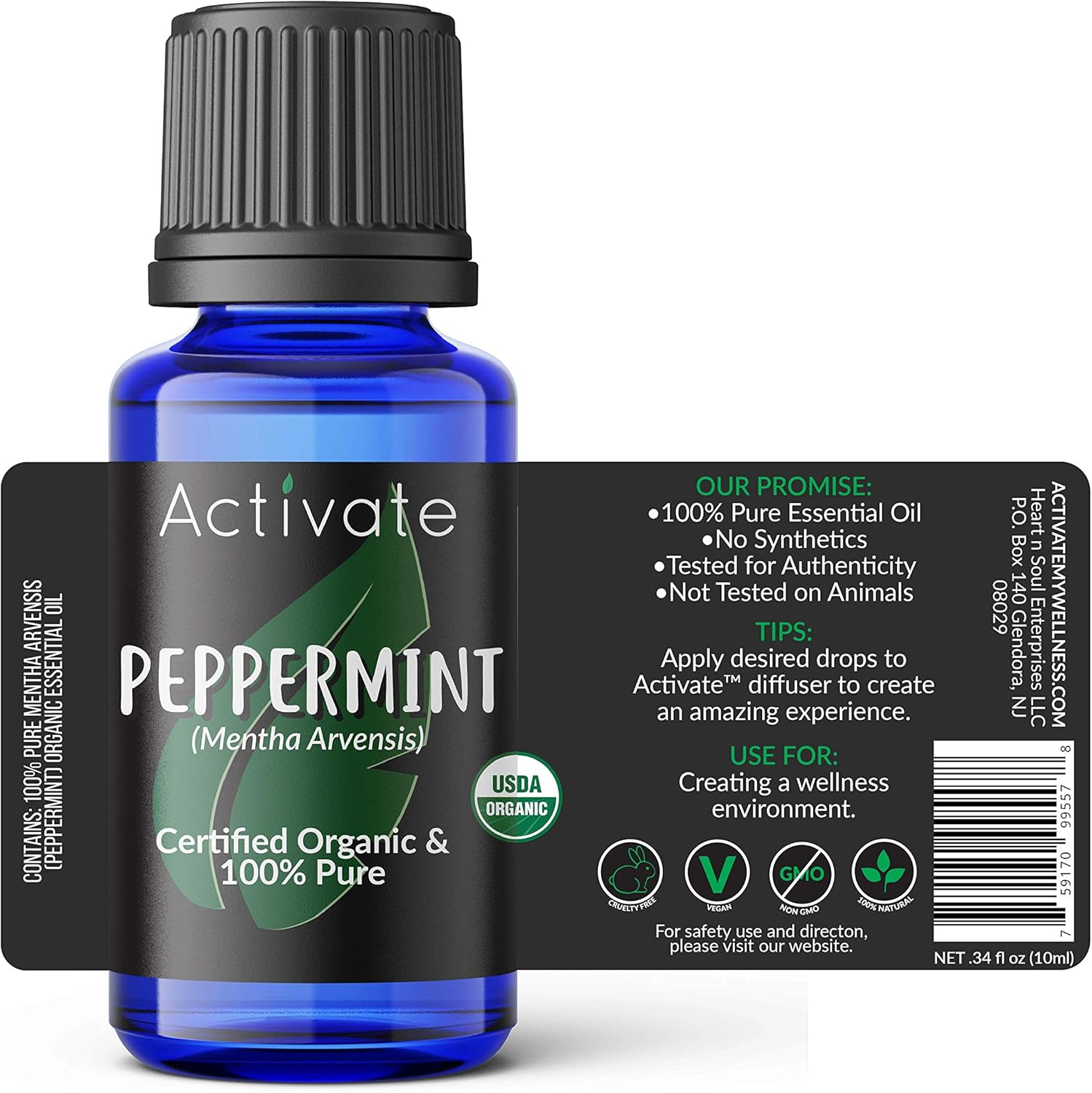 Activate Peppermint Organic Essential Oil 100% Pure, USDA Certified Organic, Premium Grade, Undiluted, Non-GMO, Therapeutic Natural Oils, Aromatherapy & Diffuser Use Gift 10ml