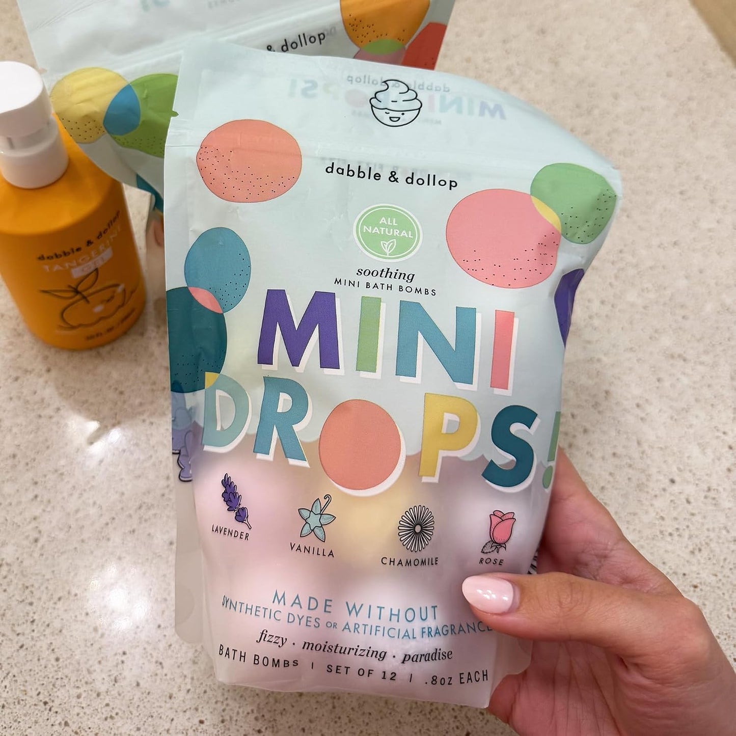 Dabble & Dollop Mini Bath Bombs, Soothing Scents - Natural Origin, Mixable Scents, Clean Ingredients, No Synthetic Dyes, Toddler & Kids Bath Bombs in Resealable Pouches (Set of 24)