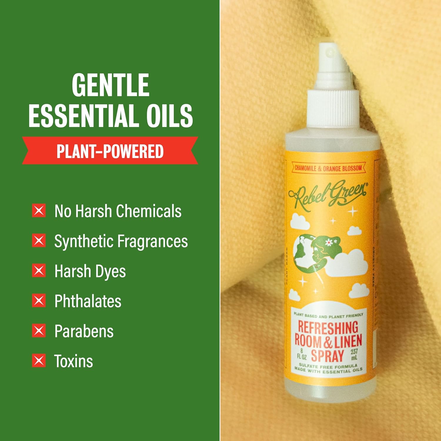 Rebel Green Refreshing Room & Linen Spray Variety Pack of 3 - Plant-Based Essential Oil Air Freshener - Lavender Grapefruit, Peppermint Lemon, Chamomile Orange Blossom - 8 oz