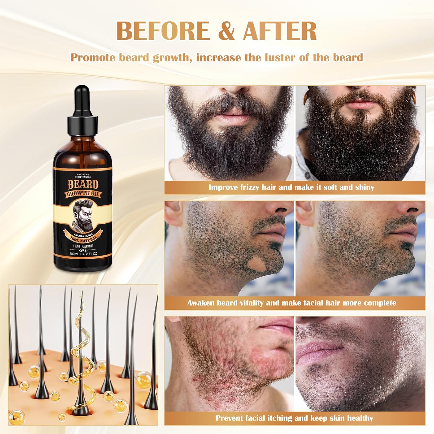 Beard Growth Oil for Men, 100% Natural Beard Oil with Argan Oil, Jojoba Oil, Castor Oil - 3.38 FL/100ML Fresh Fragrance Beard Conditioner Softens, Nourishes,Strengthens, Promotes Beard Growth