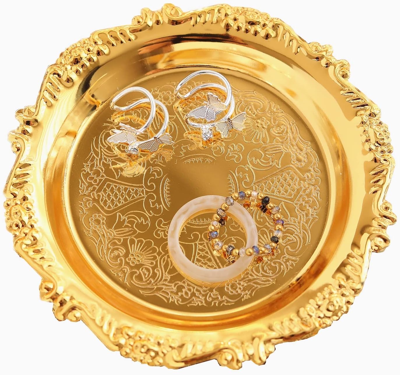 Round Storage Tray Necklace Tray Jewelry Holder Organizer Dessert Plate Fruit DishRing Dish Organizer Holder Home Decor Wedding Gift for Perfume Candle Holiday Party (Golden, Mini)