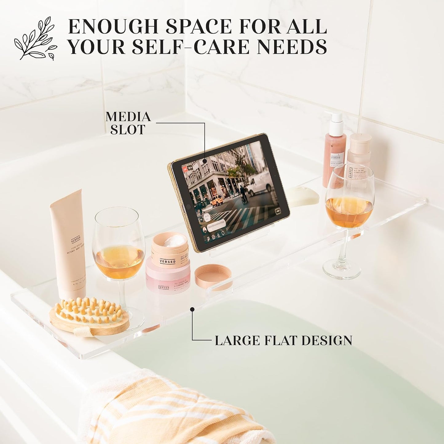 34" Supreme Plus- Luxury Bathtub Tray Caddy- 3/8" Thick, Clear Bath Tub Tray Table for 1 or 2 Bathers, Acrylic Bathtub Caddy, iPad and 2 Wine Glass Holders (Supreme Plus, 34")
