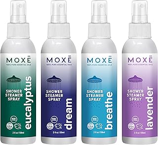 MOXE Aromatherapy Shower Mist Variety Pack, Eucalyptus, Lavender, Breathe and Dream, Spa Steam Spray, Natural 100% Essential Oils, Made in USA, Aromatherapy, Sinus Congestion Relief, 4 Pack (8oz)