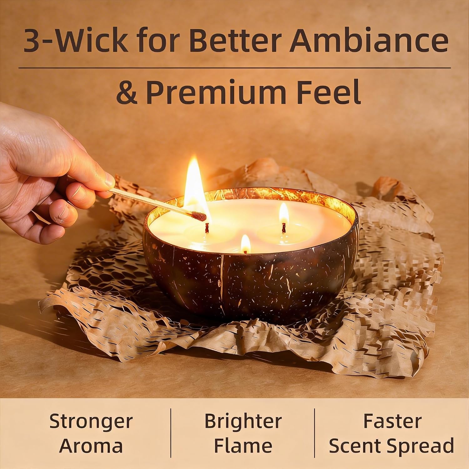 Viyffo Fresh Linen Scented Candle, Large 18oz 3 Wick Non Toxic Soy Candles, Natural Coconut Shell Candles for Home, Clean & Fresh Aromatherapy for Relaxation & Spring Décor, Gift for Women & Men