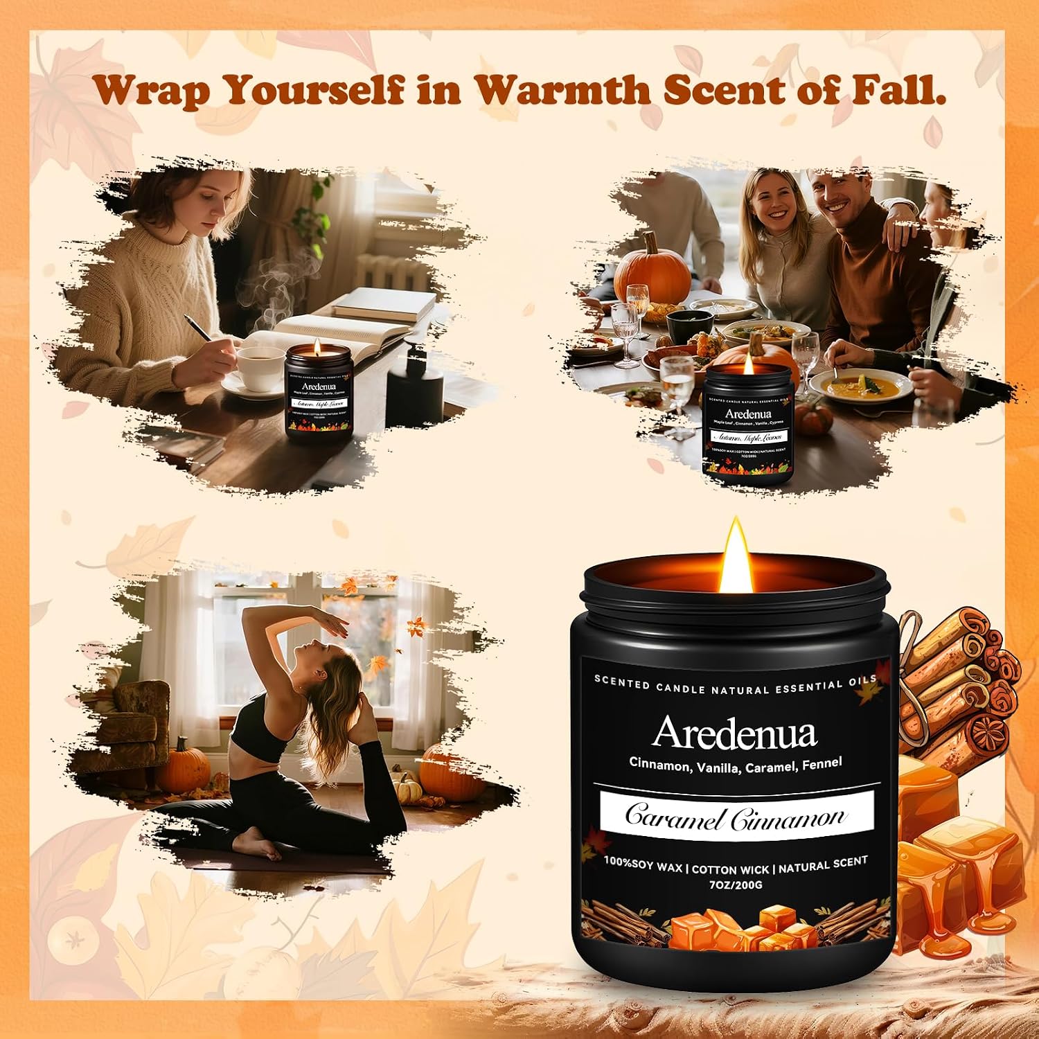 Caramel Cinnamon Luxury Candle - Rich Gourmand Scent, 7oz Natural Soy Wax, Hand-Poured Cozy Home Scented Candle - Elegant Home Fragrance for Living Room, Dinner Party & Self-Care Indulgence
