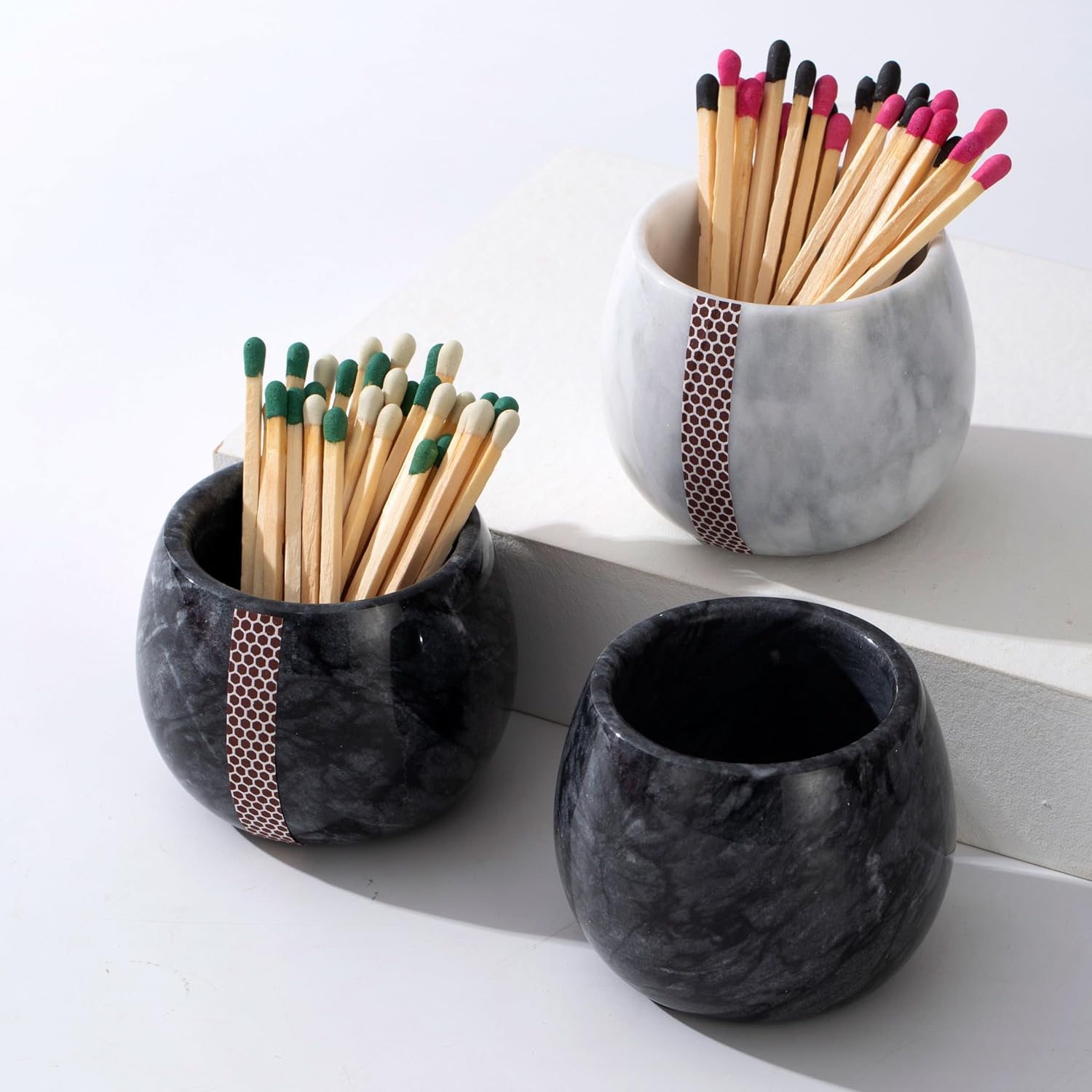 Decorative Marble Match Holder - Matches Box for Long Matches Sticks- Matches in a Jar with Striker（Wooden Matches Not Included）