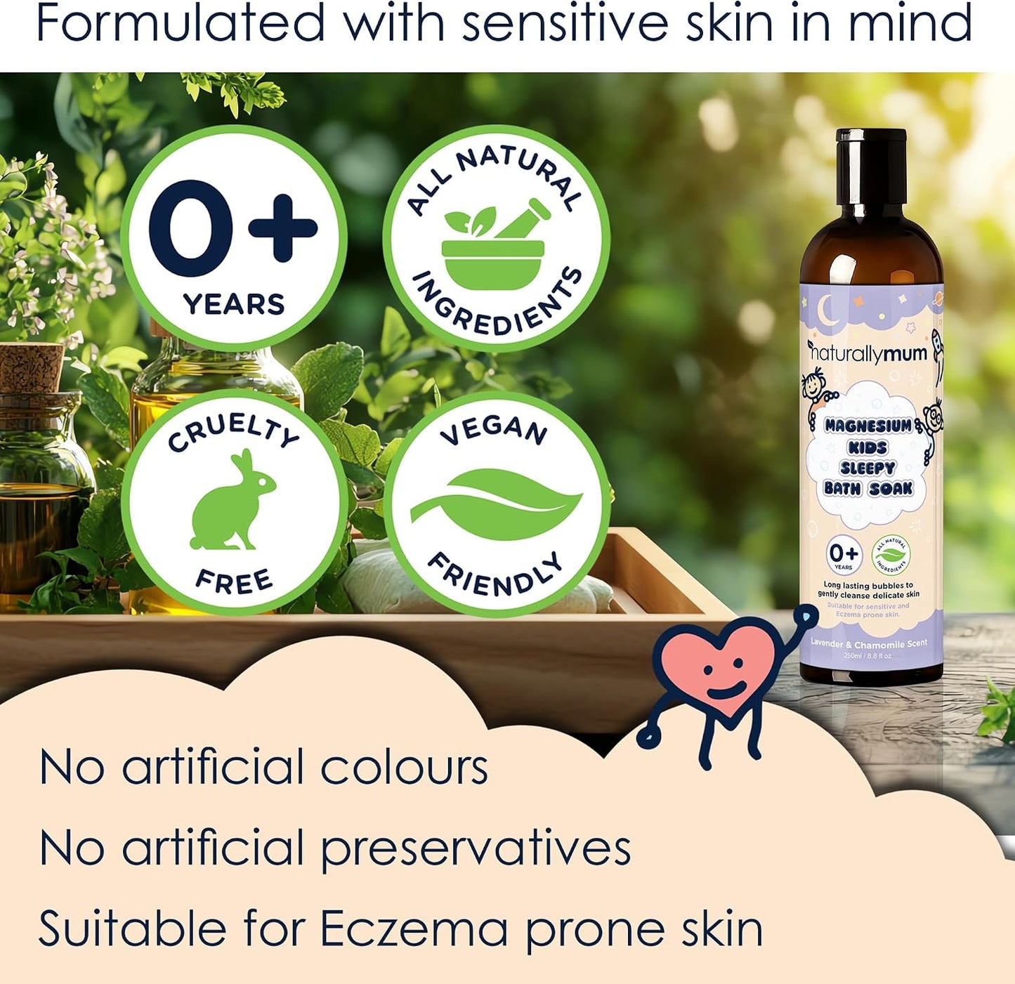 NaturallyMum Kids Magnesium Sleepy Bath Soak - Bubble Bath - All-Natural & Calming - Suitable for Newborns with Dry & Sensitive Skin - Lavender & Chamomile Essential Oils – Made in UK - 8.8fl oz