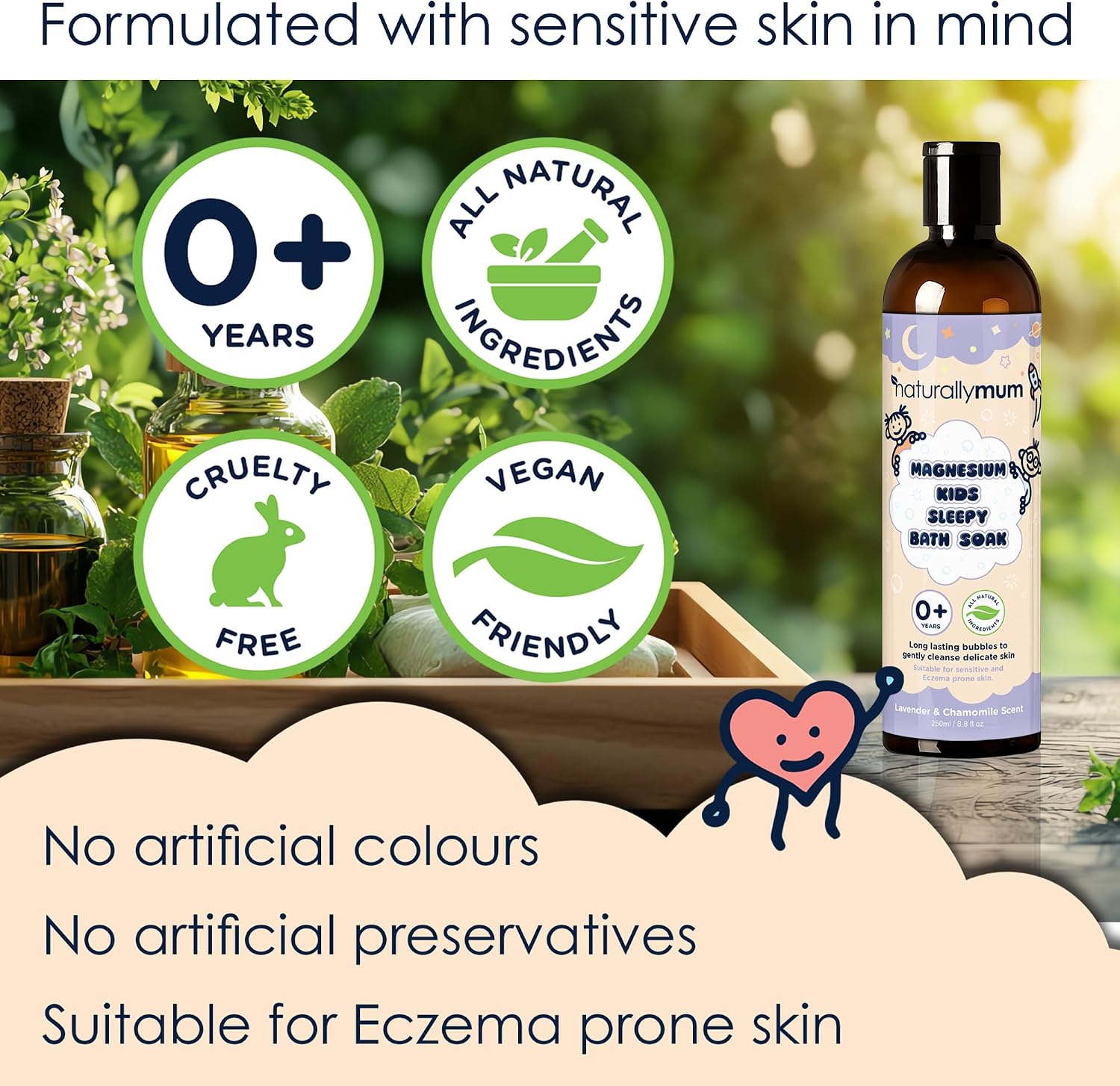 NaturallyMum Kids Magnesium Sleepy Bath Soak - Bubble Bath - All-Natural & Calming - Suitable for Newborns with Dry & Sensitive Skin - Lavender & Chamomile Essential Oils – Made in UK - 8.8fl oz
