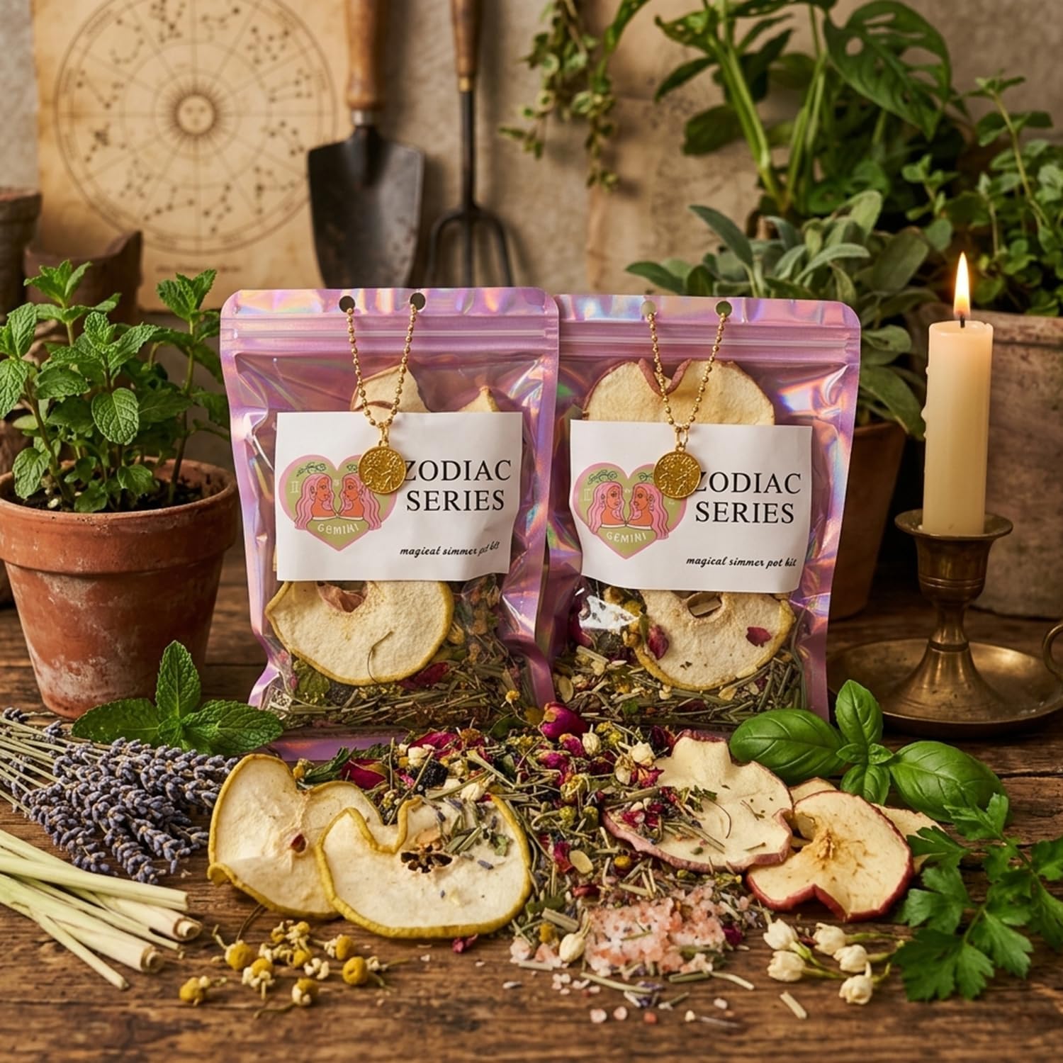 Gemini Zodiac Simmer Pot Kit - Magical Stovetop Potpourri with Dried Apple & Pear Slices, Rose Petals, Lavender & Chamomile - Himalayan Pink Salt & Lemongrass - Astrology Gift for Her