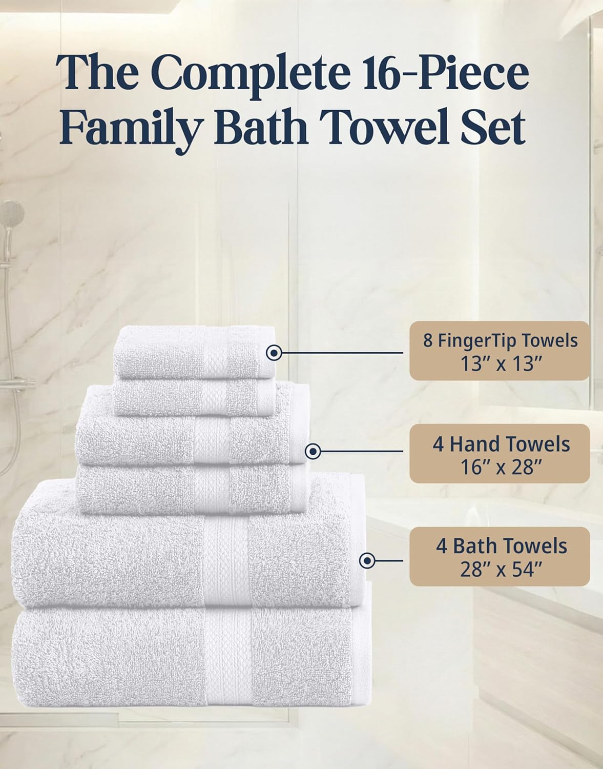 LANE LINEN 100% Cotton Bath Towel Set - 16 Pieces - Super Soft, Highly Absorbent & Quick Dry - 4 Bath, 8 Washcloths, 4 Hand Towels for Bathroom - Hotel Quality, Ideal for Spa, Gym & Travel - White