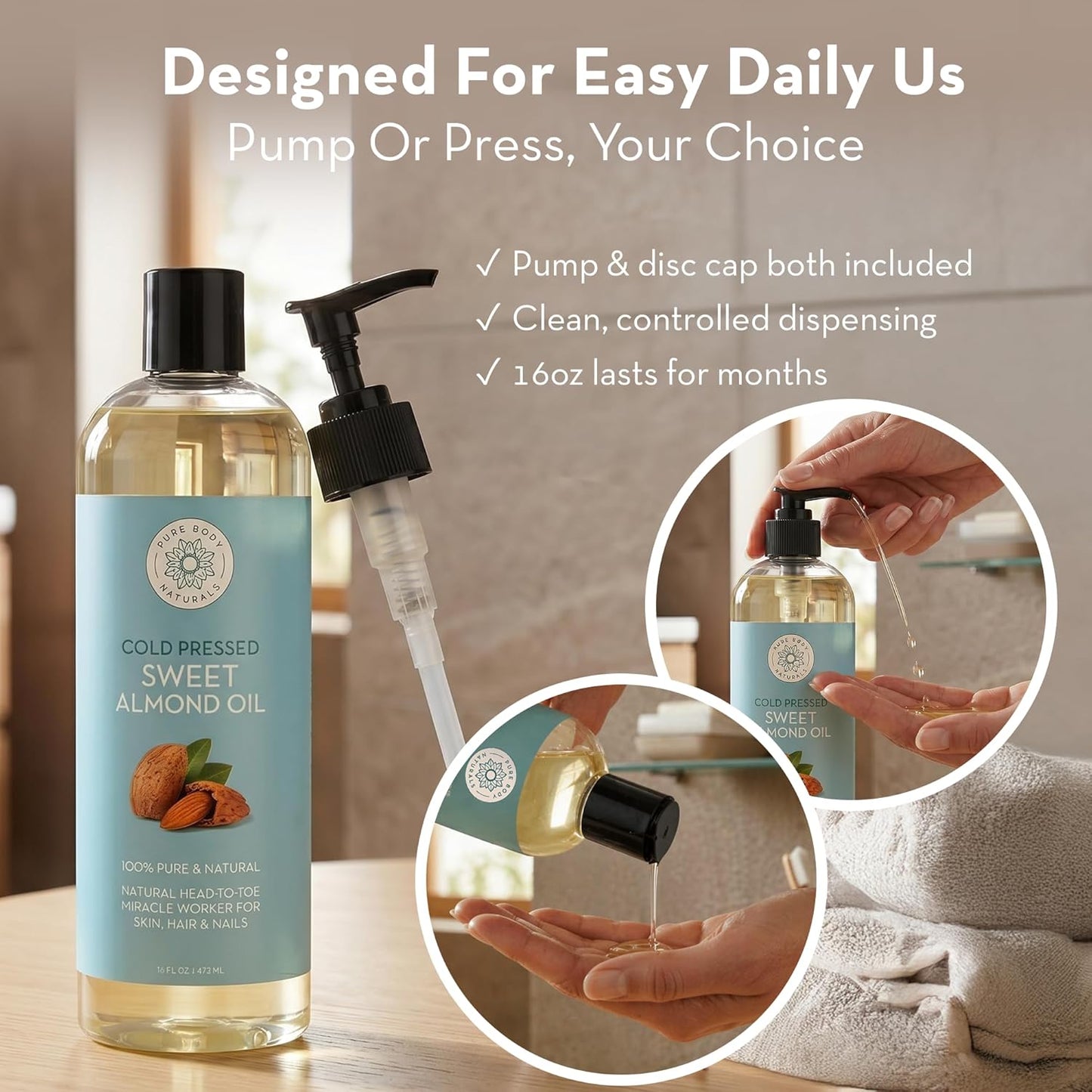Pure Body Naturals Sweet Almond Oil for Skin and Hair, Cold Pressed Almond Oil, Almond Body Oil, Sweet Almond Carrier Oil, Fast Absorbing Moisturizer, 16 fl oz
