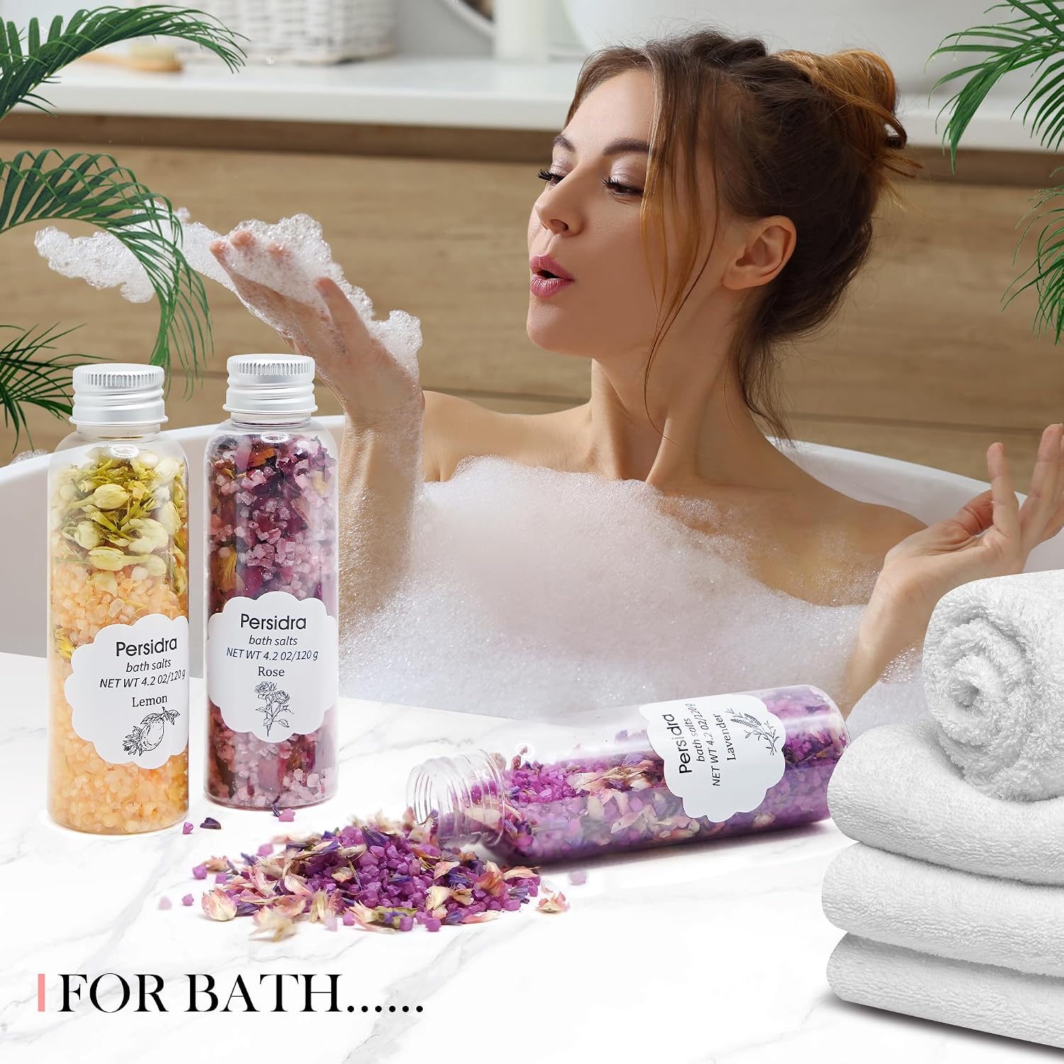 Bath Salts for Women Relaxing, Epsom Salt Gift Set, Anniversary Birthday Gifts, 3 Individual Pack, Spa Bath & Foot Soak, Organic with Dried Flower, Essential oil, Lavender, Rose & Lemon Scent, 12.7 oz