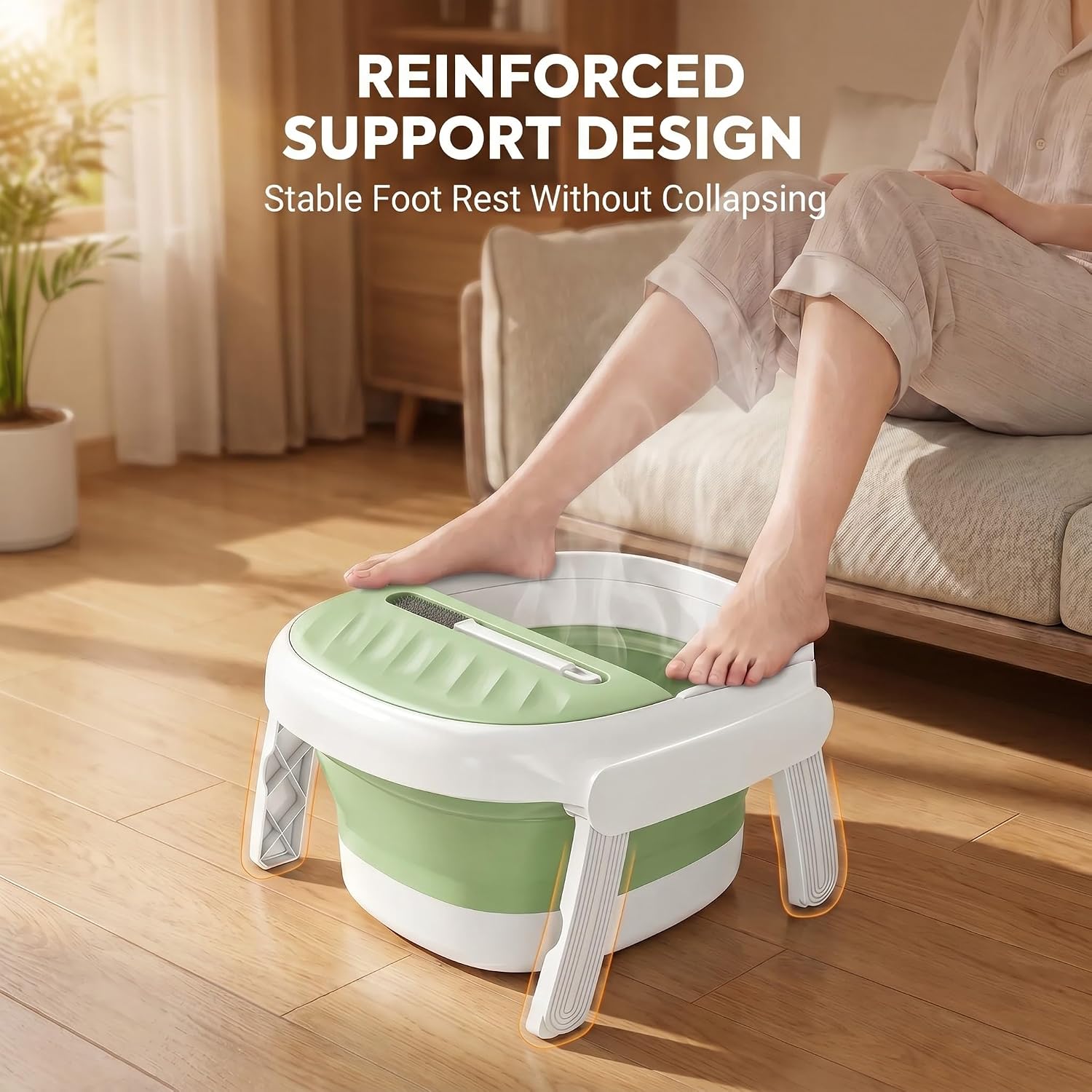 Collapsible Foot Bath Tub with Long Handle Foot Brush, Foldable Foot Soaking Tub with Insulated Lid & Sturdy Support Frame, Pedicure Foot Spa Basin for Men Women Home Travel (Green)