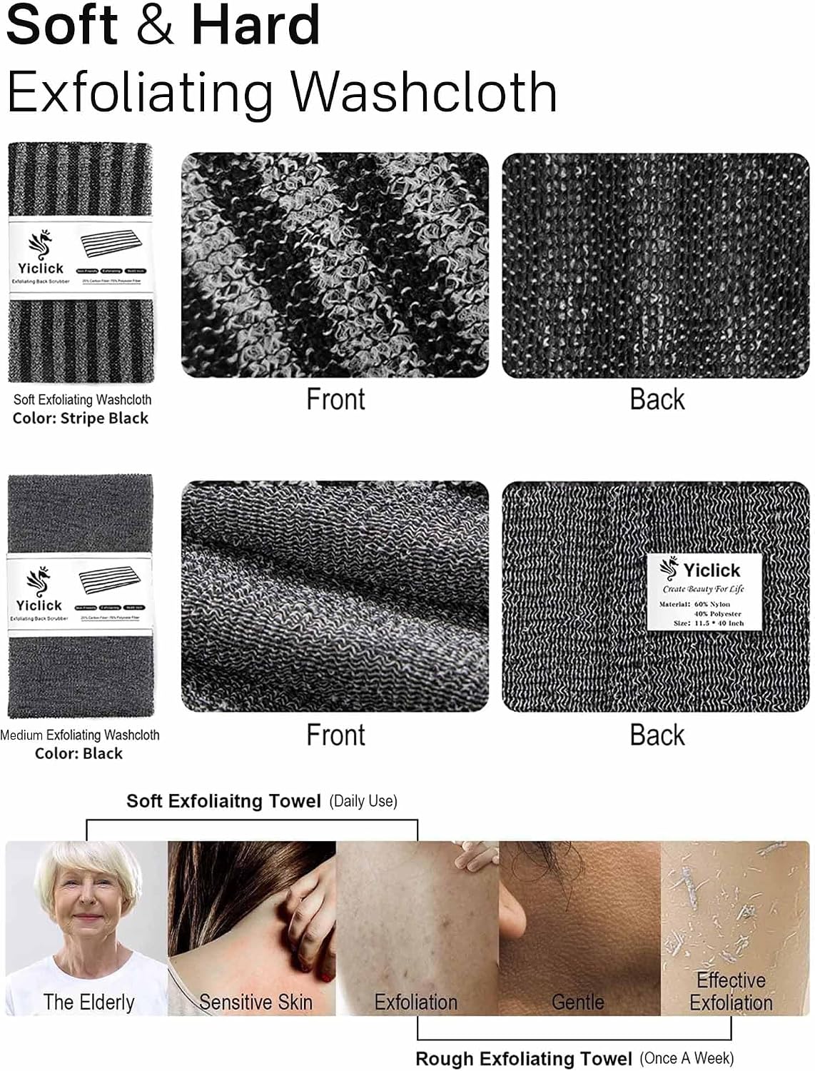 Yiclick Exfoliating Washcloth Towel, Back Scrubber for Shower for Women, Exfoliating Body Scrubber, Loofah Sponge Wash Cloth, Korean Japanese Exfoliating Shower Towel, Exfoliator Washer for Bath
