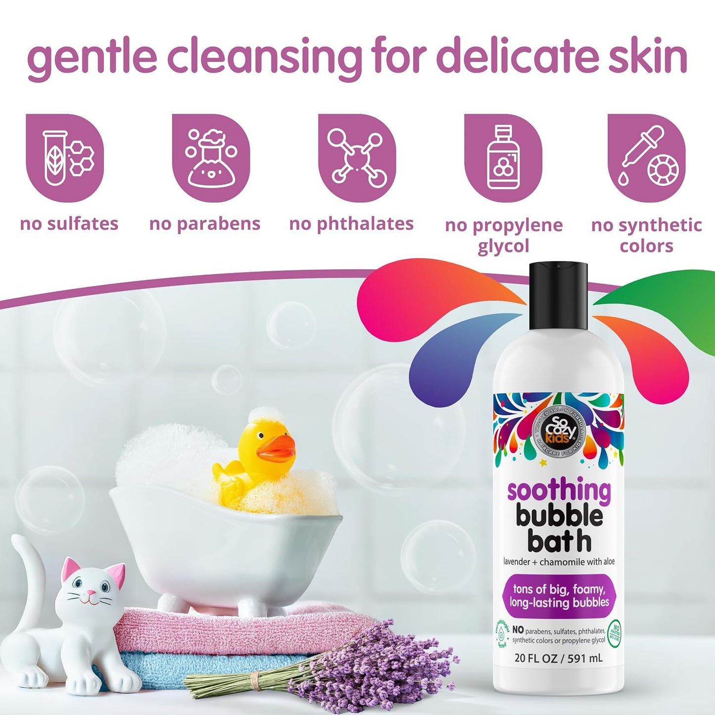 SoCozy Soothing Bubble Bath for Kids, Lavender & Chamomile, Moisturizing with Aloe Vera and Jojoba Oil, 20 FL OZ