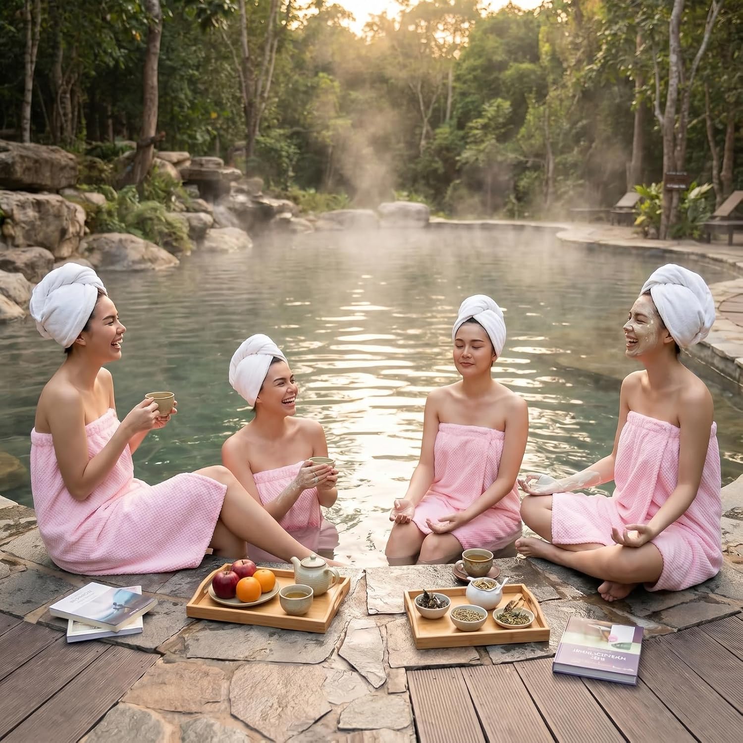 Tigeen 8 Pcs Spa Wraps for Women,Towel Wrap Waffle Spa Robe with Adjustable Closure Elastic Lightweight for Bath Shower(Pink,Medium)