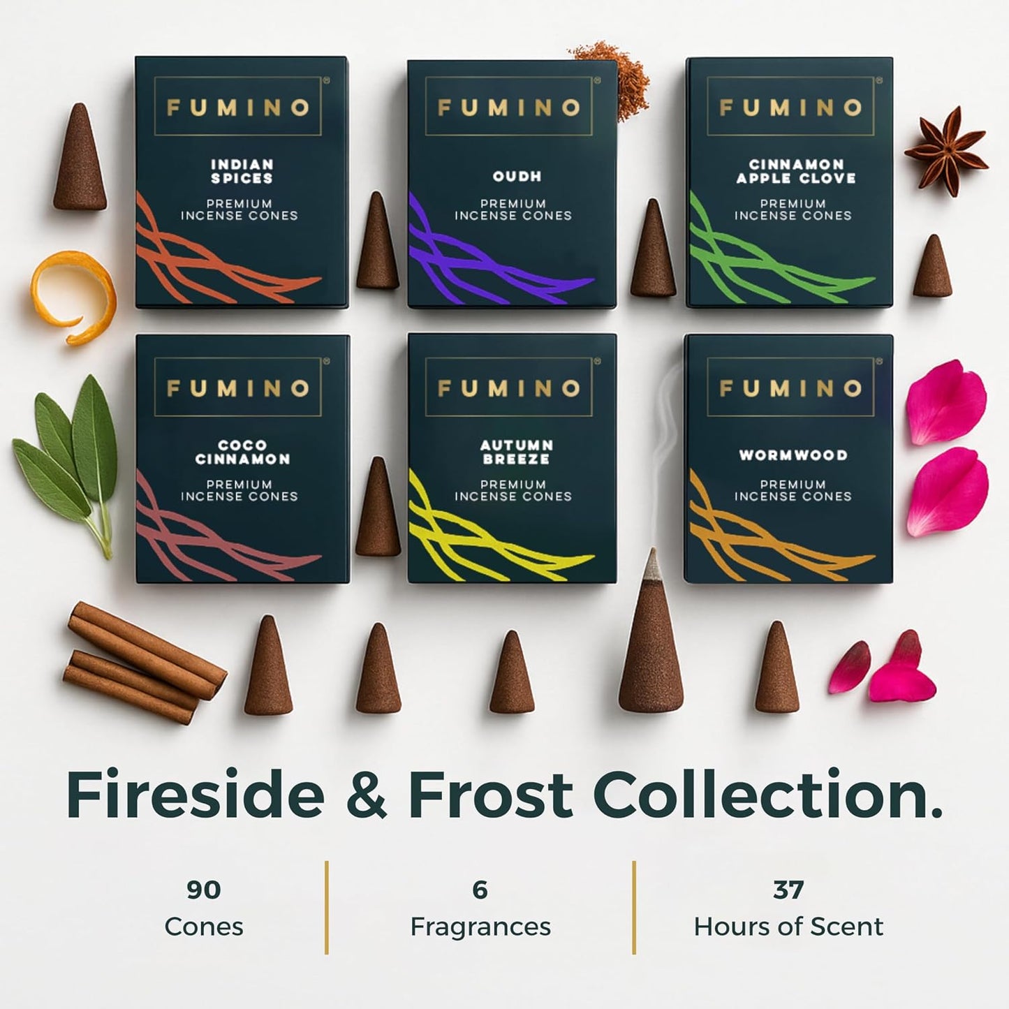 Fumino Incense Cones Fireside & Frost 90 Pack 6 Fragrances - Handmade Natural Masala Incense Cones for Meditation & Home Fragrance, Low-Smoke Warm Spiced Scents, Bureau Veritas Certified