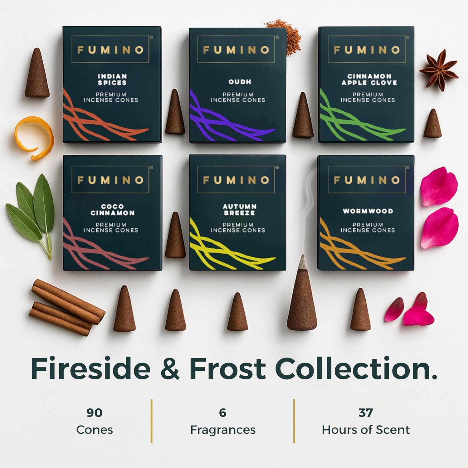 Fumino Incense Cones Fireside & Frost 90 Pack 6 Fragrances - Handmade Natural Masala Incense Cones for Meditation & Home Fragrance, Low-Smoke Warm Spiced Scents, Bureau Veritas Certified