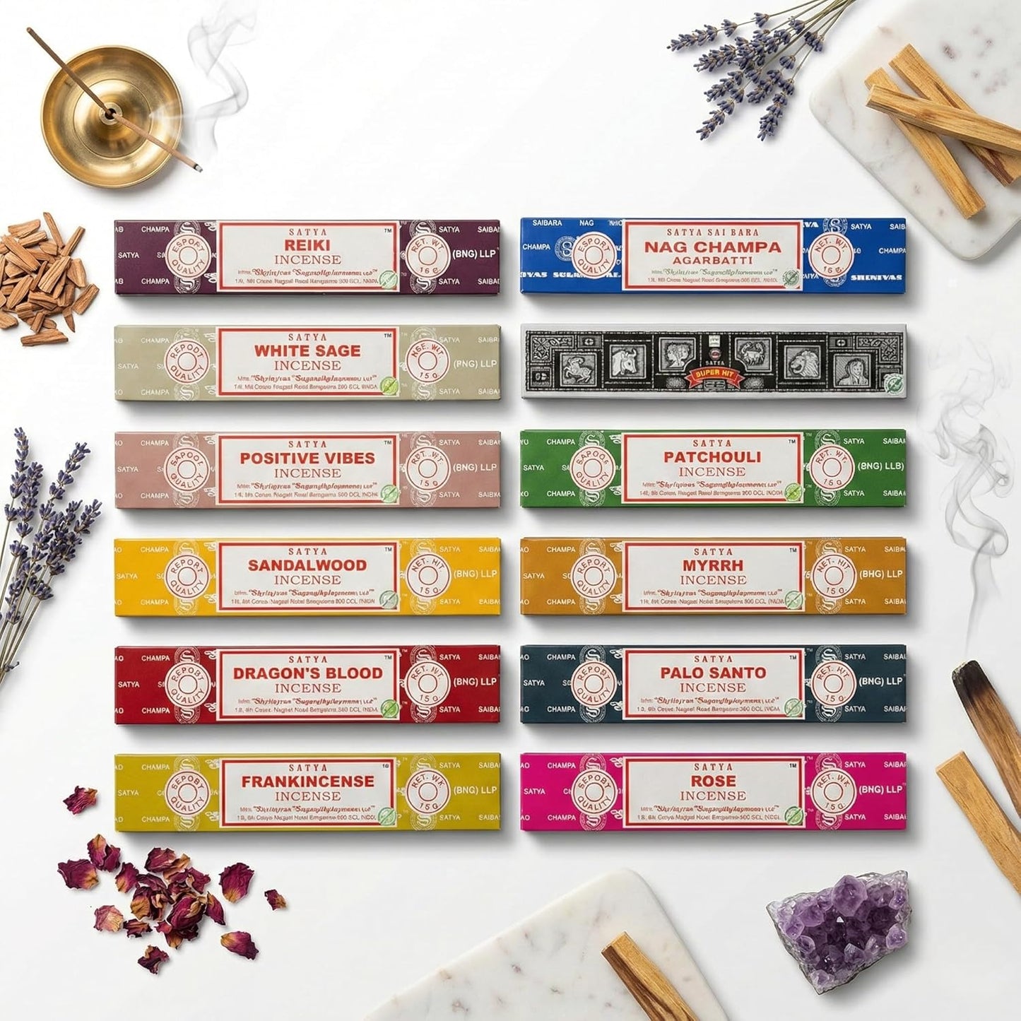 Earth Satya Assorted Incense 15g (Pack of 12) Nag Champa,Super Hit, Dragon's Blood, Palo Santo, Positive Vibes, White Sage, Patchouli, Myrrh, Frankincense, Reiki, Sandal Wood, Rose(Golden Mix)