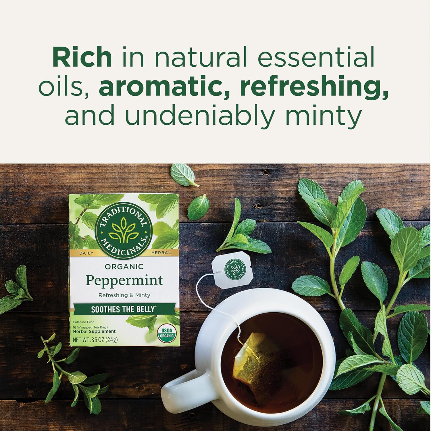 Traditional Medicinals Organic, Peppermint Tea - Helps Soothe Belly from Occasional Gas and Bloating - Kosher, Non-GMO, Caffeine-Free, Compostable - 16 Tea Bags