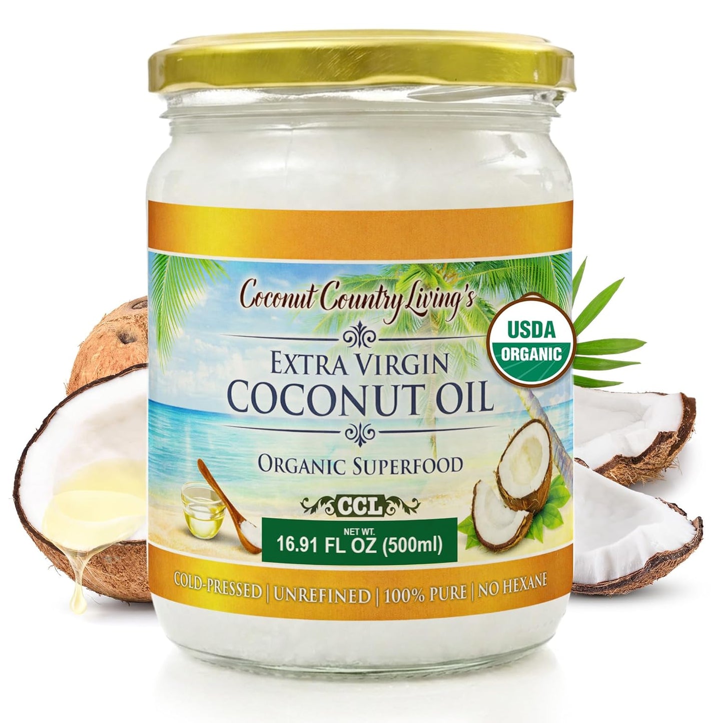 Organic Extra Virgin Coconut Oil - Unrefined Organic Cold Pressed | Ideal For Hair, Skin, Cooking, Body Massage, Beauty and Oil Pulling| Keto & Paleo Cooking Oil - 16.91 oz Coconut oil in Glass Jar