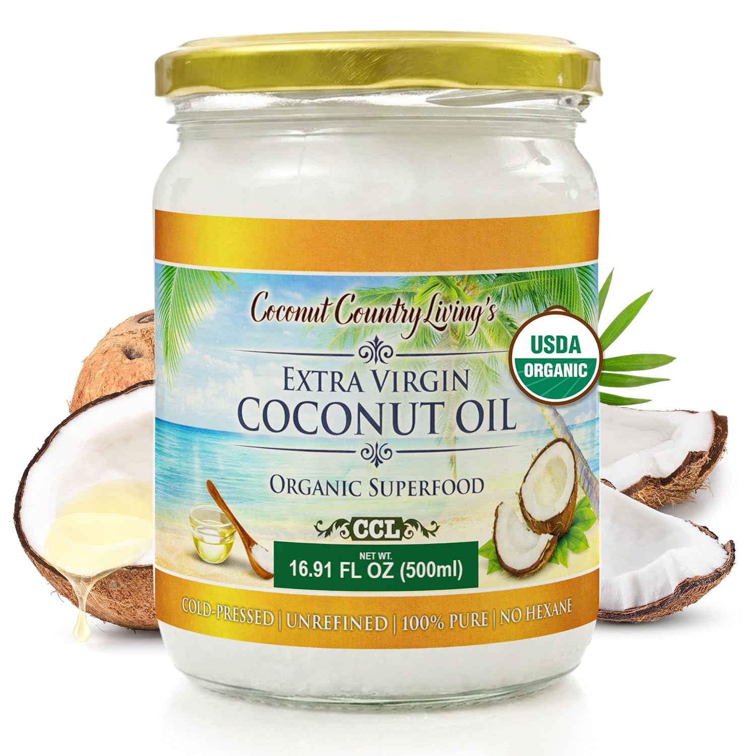 Organic Extra Virgin Coconut Oil - Unrefined Organic Cold Pressed | Ideal For Hair, Skin, Cooking, Body Massage, Beauty and Oil Pulling| Keto & Paleo Cooking Oil - 16.91 oz Coconut oil in Glass Jar