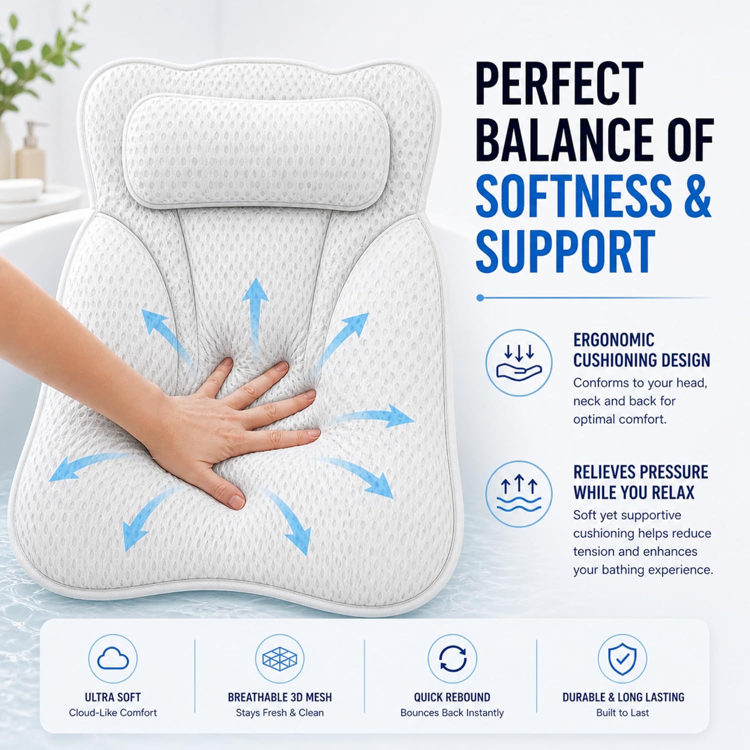 Bath Tub Pillow, Extra Thick Luxury Cushion with Strong Suction Cups for Head, Neck & Back Support, Breathable Spa Pillow for Relaxing Night Bath (White)